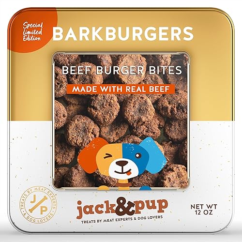 Jack&Pup Bark Burgers Bites Dog Gifts Holiday, Adoption, Dog Birthday Treats in Classy Tin Jerky Dog Treats (Bully Burger Bites - 12oz Bites)