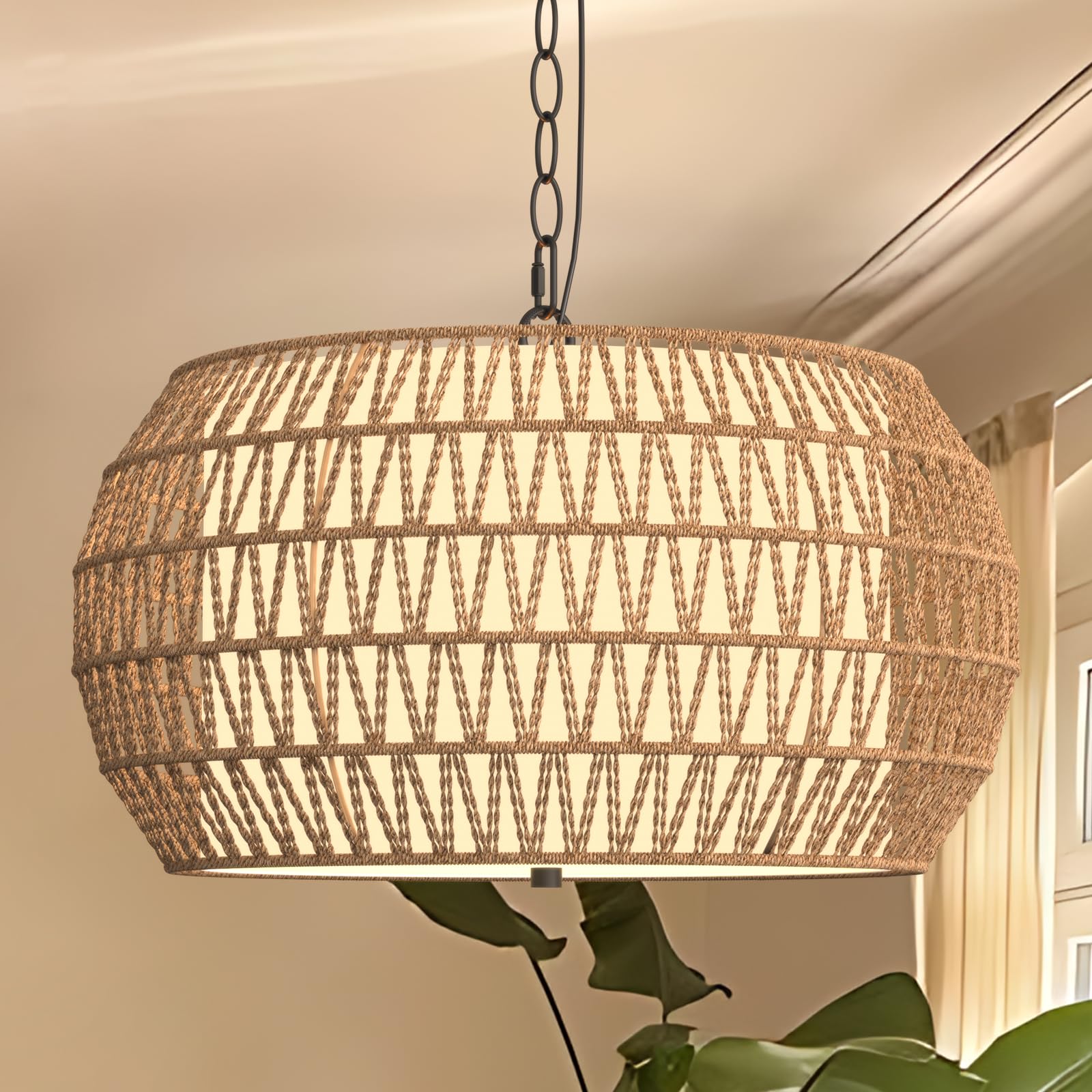 FIMEI Rattan Farmhouse Chandelier Light Fixtures, 5-Lights 18.9'' Large Boho Pendant Light, Rustic Chandeliers Adjustable Height,Woven Chandeliers for Dining Room,Kitchen Island,Bedroom,Living Room