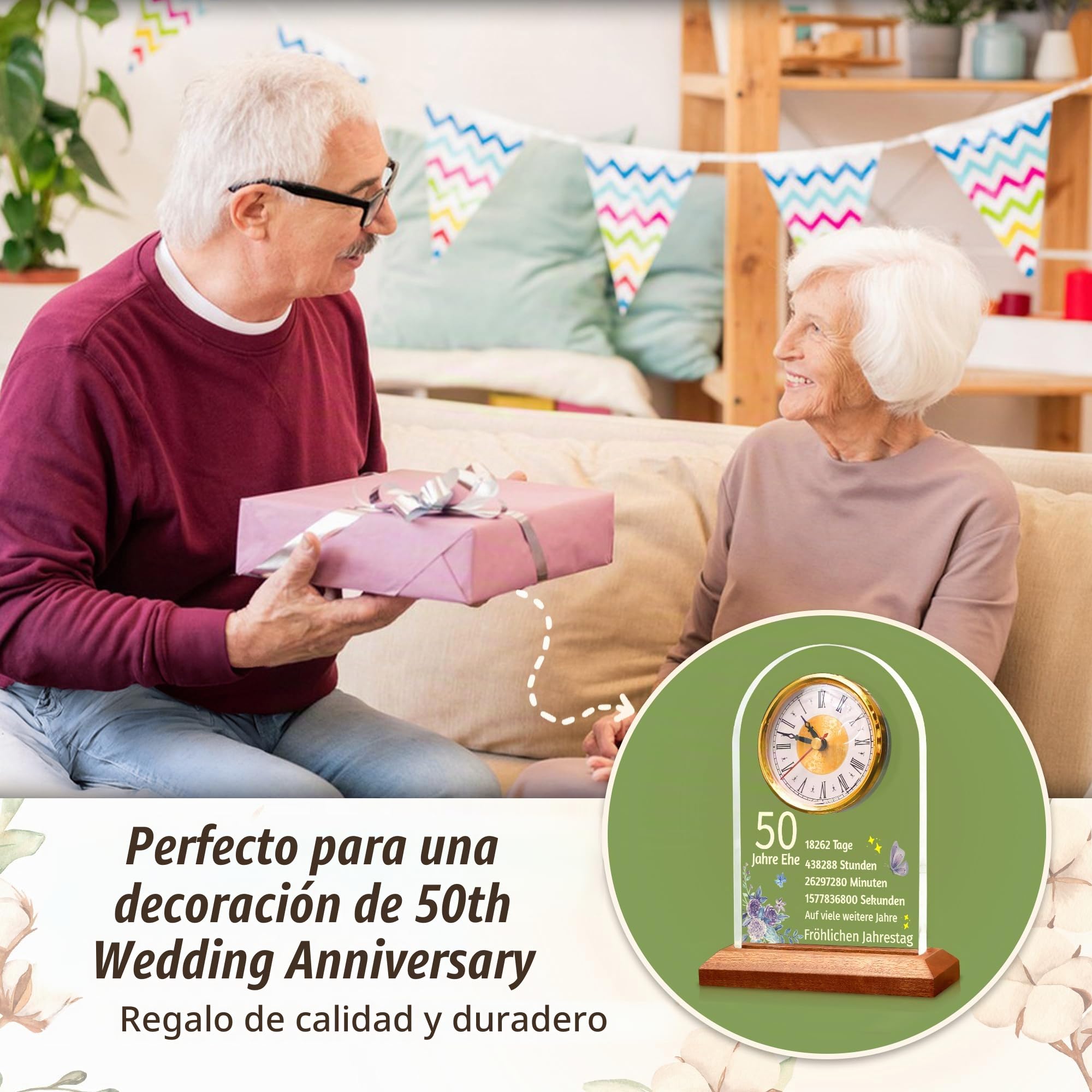 OkiyiD 60 Aniversario Regalo de Boda, Reloj de Cuarzo de Aniversario, Reloj de Mesa de Escritorio, 60 años de matrimonio, Boda de Oro para Pareja, Padres, Abuelos (50 Ani, OK-UVSZ000