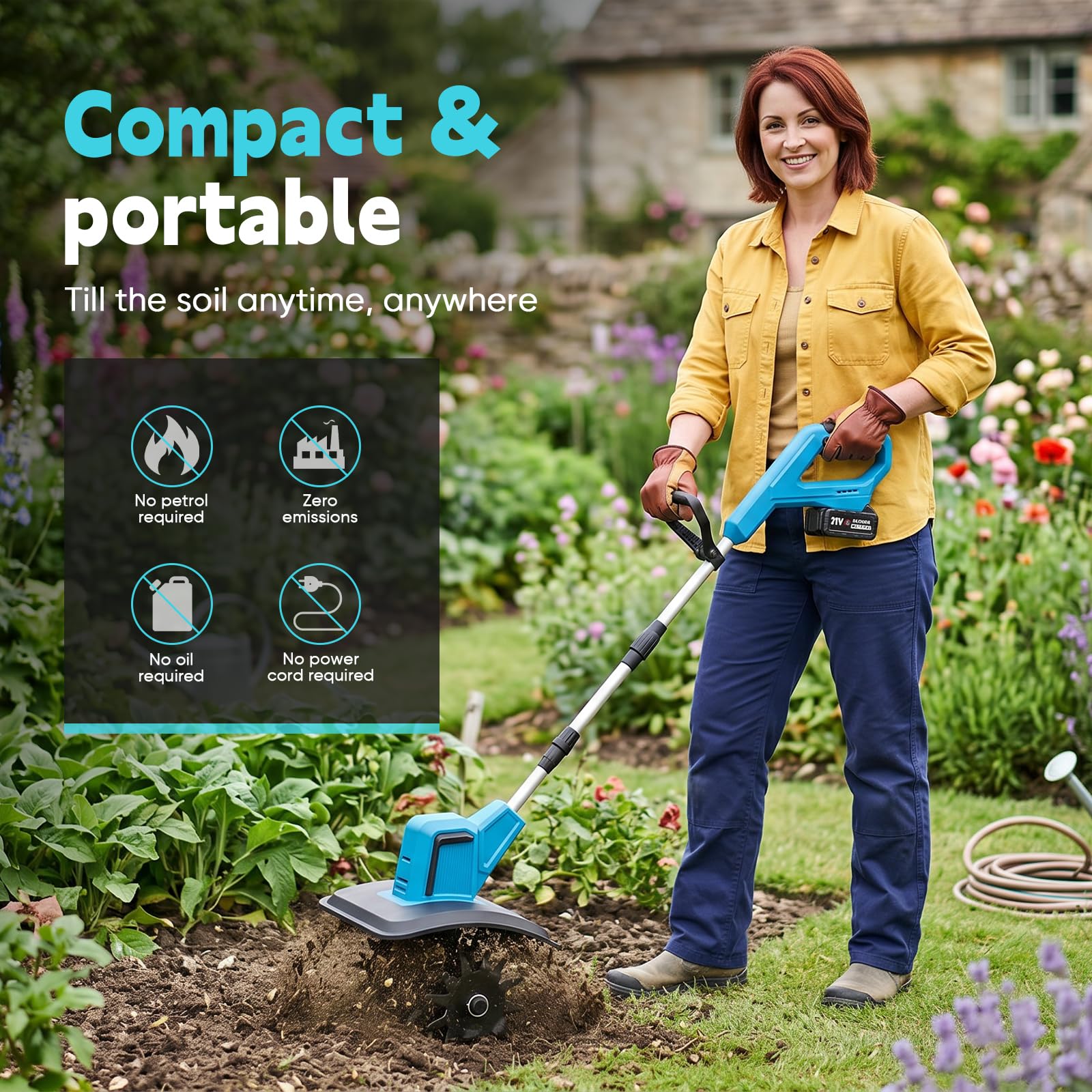 Akku-Bodenhacke für Makita 18V Batterie,550W Gartenfräse akku,15 cm Bodenbearbeitungstiefe,20 cm Bearbeitungsbreite,360RPM,Frästiefe Gartenfräse mit Verstellbarer Zusatzgriff (Ohne Akku)
