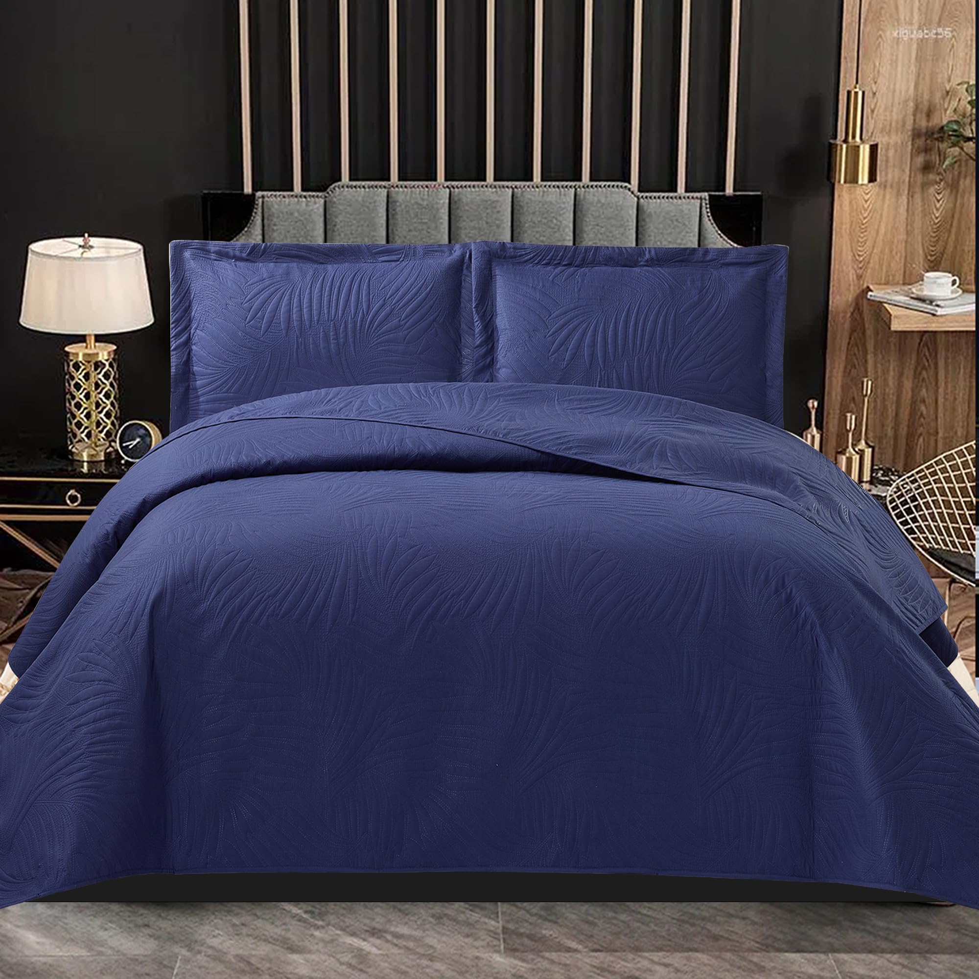 PHP Bedspread Bed Throws for Bedroom Decor - Decorative Embossed Tropical Leaf Pattern Quilted Fabric Reversible Quilt Bedspreads Coverlets with Pillow Case (Super King, Dark Blue)