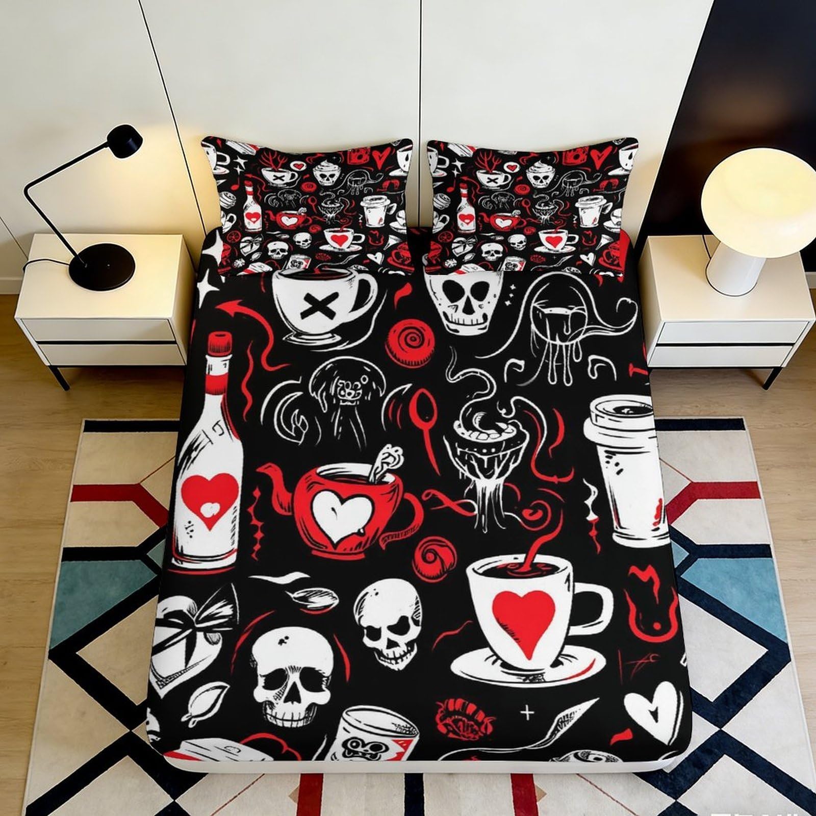 3D Printed Gothic Skull Fitted Sheet Microfiber Black Red Heart Bed Cover Anti-Slip for Bedroom Dorm Mattress Décor 160x200x25cm