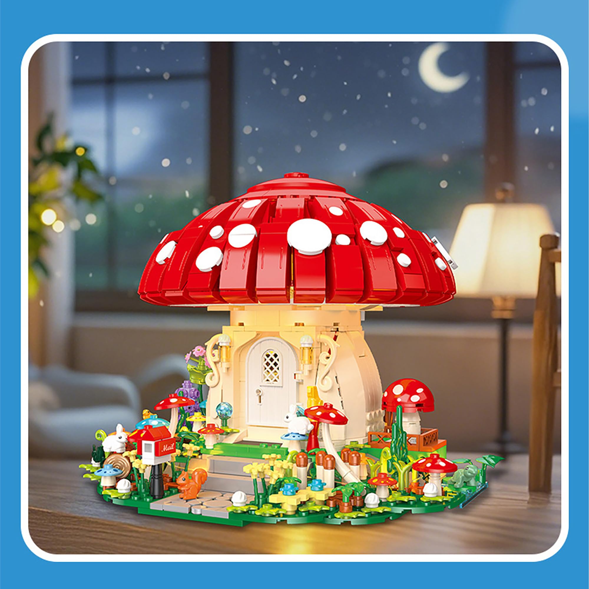 Pilzhaus Bausteine Spielzeug Kit, 1296 Teile mit LED Klemmbausteine Modular Spielzeug Modell, DIY Kreatives Architektur Modellbausatz, Geschenk für Jugendliche und Erwachsene