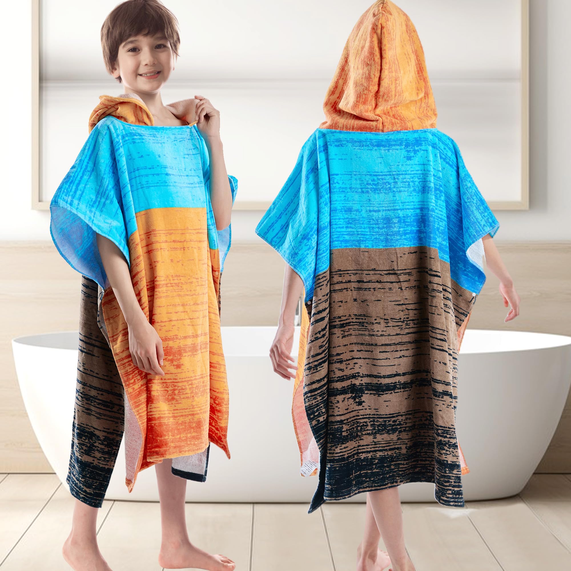 VOOVA & MOVAS Big Kids Hooded Towel Poncho | Large, Thick, Absorbent Cotton | 8-16 Years | Versatile for Pool, Swim, and Bathroom | Orange Blue
