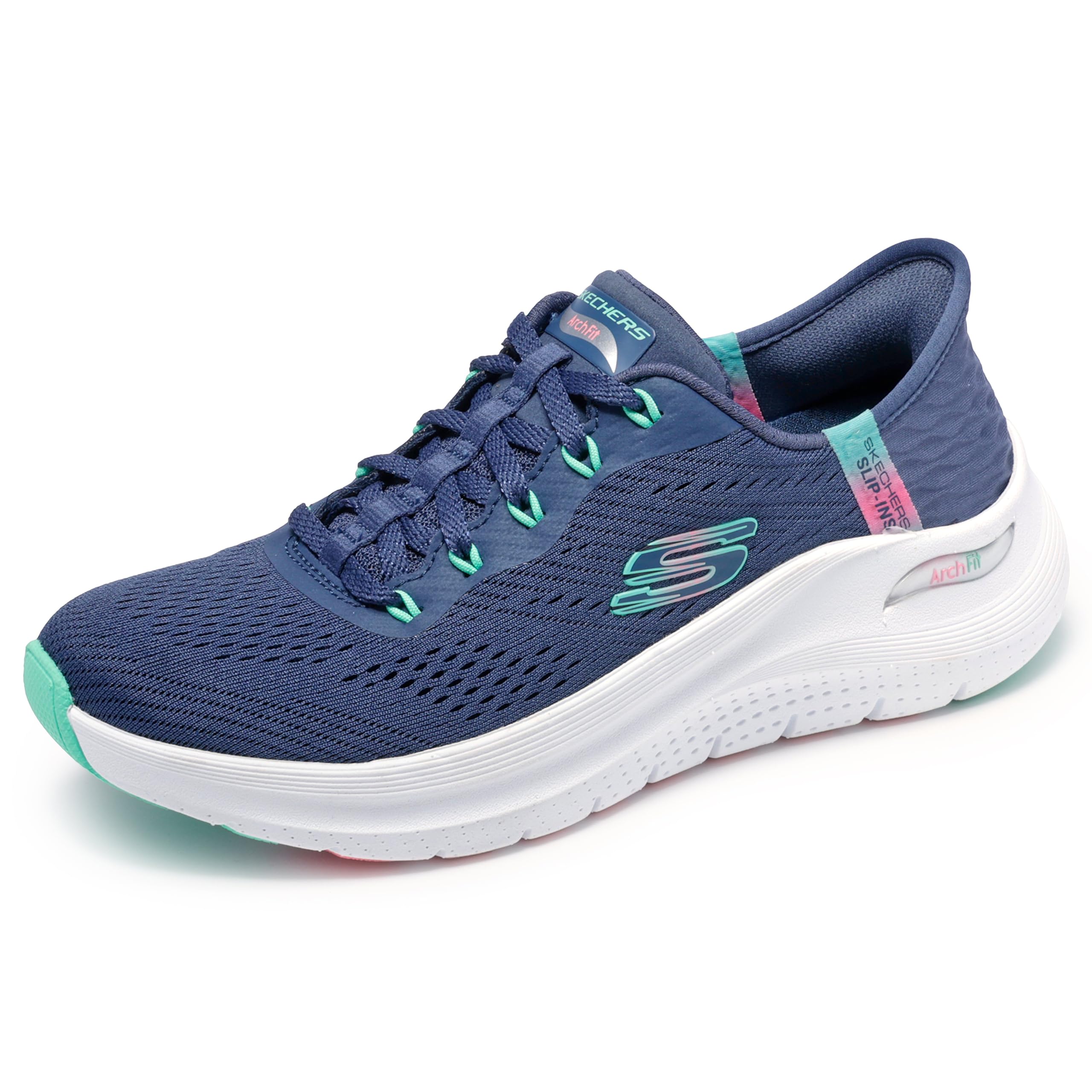 Skechers Damen Arch Fit 2.0 Easy Chic Slip-InTurnschuhe, Navy Mesh/Turquoise Trim, 37.5 EU Large