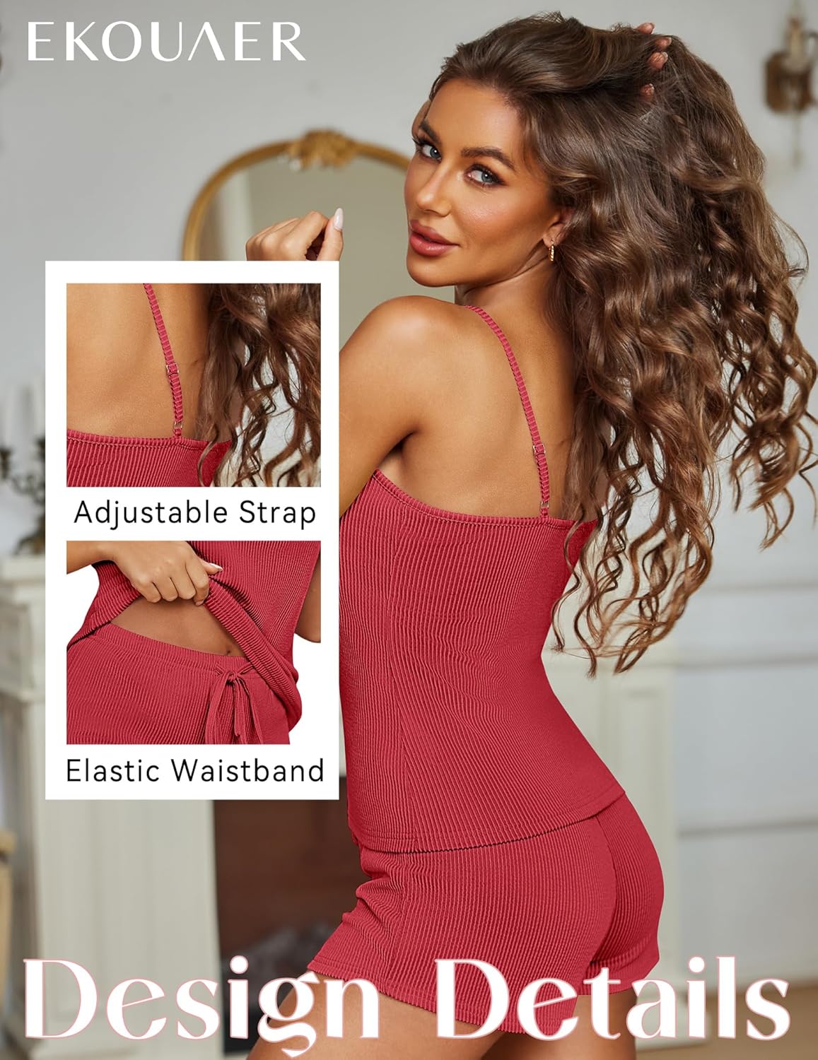 Ekouaer Pajama Sets for Women Lingerie Sleepwear Soft Pjs 2 Piece Cami Shorts Set U Neck Adjustable Strap Nightwear - Image 4