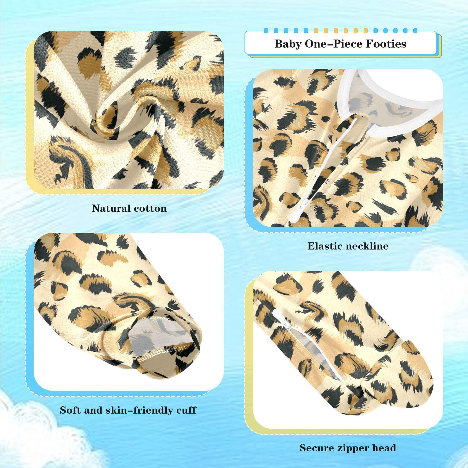 Dussdil Brown Beige Leopard Pattern Baby One-Piece Footies Newborn Rompers Pajamas Cotton Footed Pjs for Sleep Play Boys Girls 3M