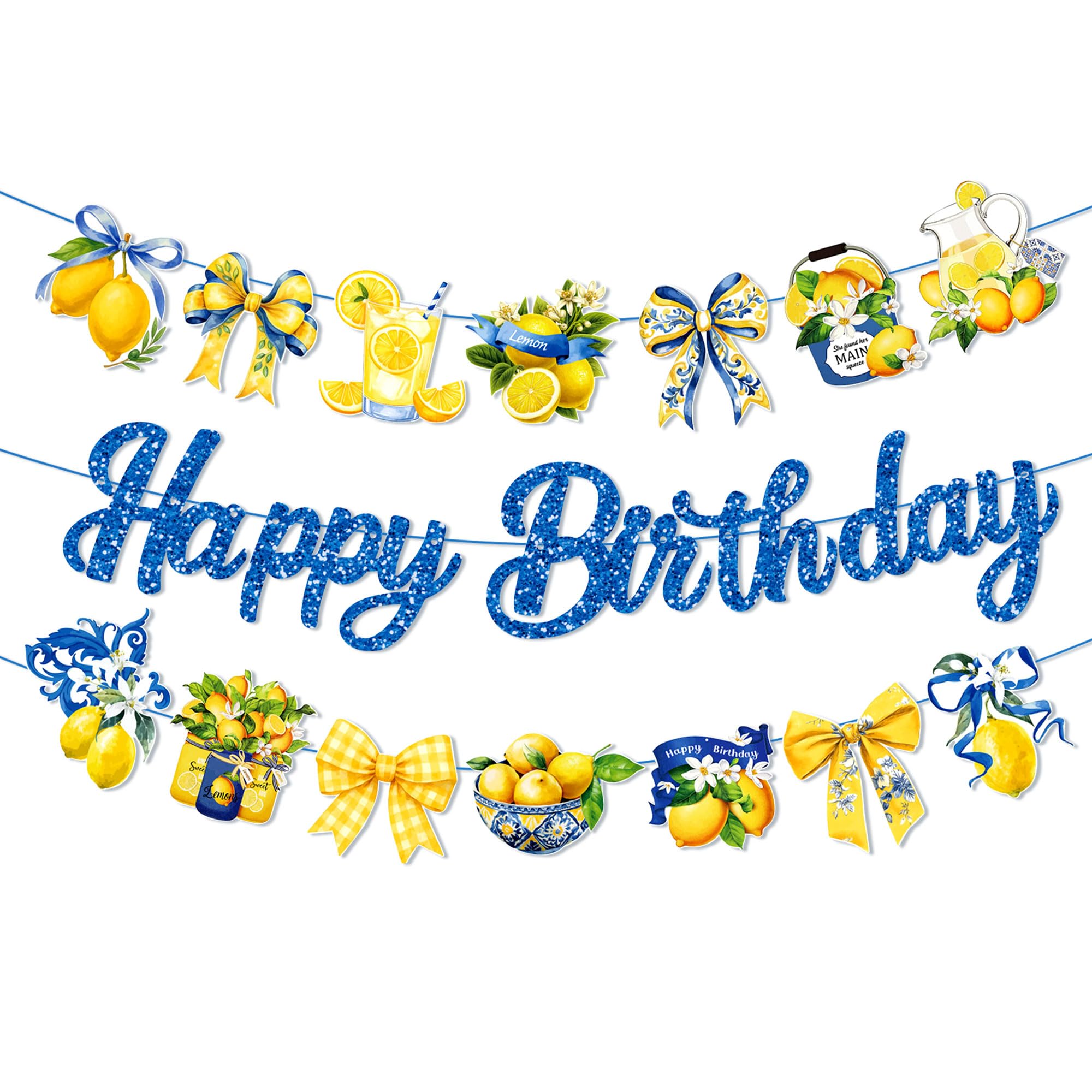 Capri Lemon Party Decorations Banners Italy Blue Tiles Banners Bunting Birthday Supplies for Lemonade Summer Party Backyard Decor