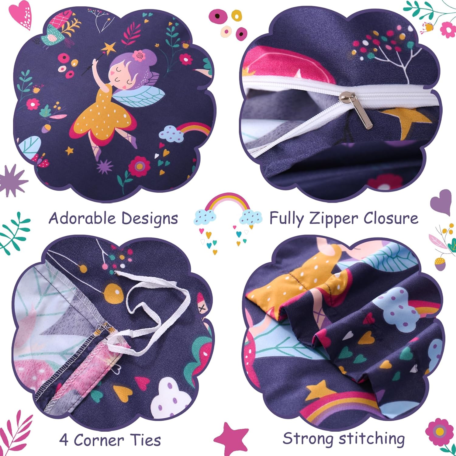 JSD Fairy Floral Kids Duvet Cover Set Queen Size, 3 Piece Girls Printed Microfiber Comforter Cover with Pillow Shams Zipper Closure, Comforter Not Included