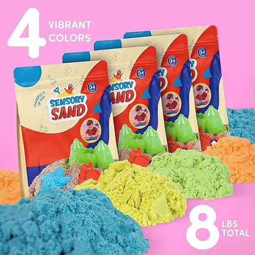 Miniatura 5 de Sensory Sand Tamaño a granel de 8 libras, multicolor con azul, naranja, verde y amarillo, arena de juego sensorial en contenedor
