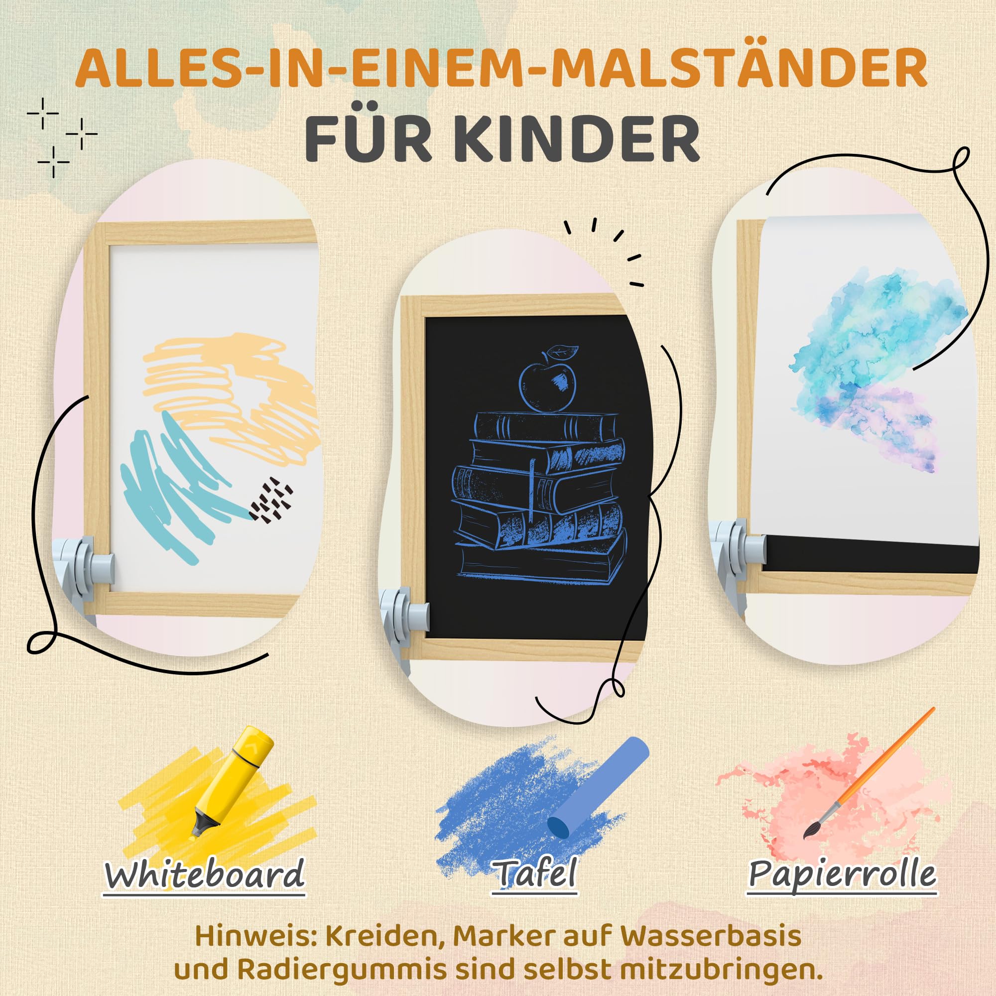 AIYAPLAY Kinder Staffelei aus Holz, Kindertafel Doppelseitige Whiteboard und Tafel Höhenverstellbar Magnetische Standtafel mit Papierrolle, Ablage, für Kinder Jungen & Mädchen 3-6 Jahre