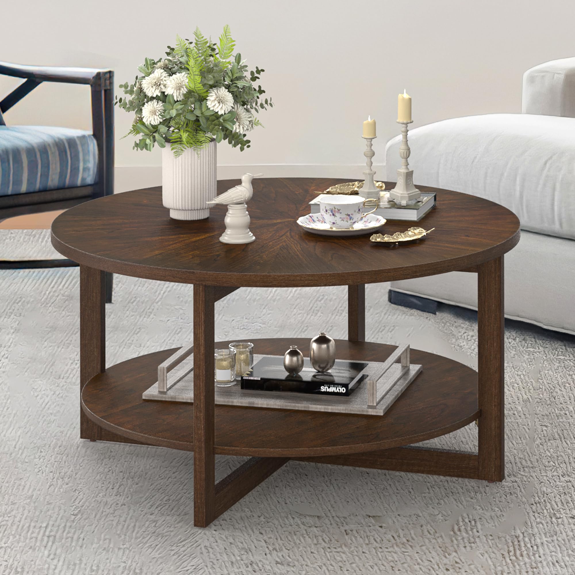 Amazon.com: Cozyman Round Coffee Table, 35" Rustic Modern Circle Coffee ...