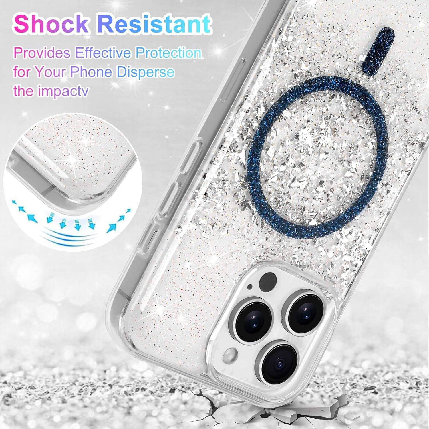 for iPhone 14 Pro Max Magnetic Clear Case Compatible with MagSafe, Glitter Sparkle TPU Transparent Shockproof Women Girls Slim Bling Sparkly Cover Phone Case 6.7 Inch, Silver