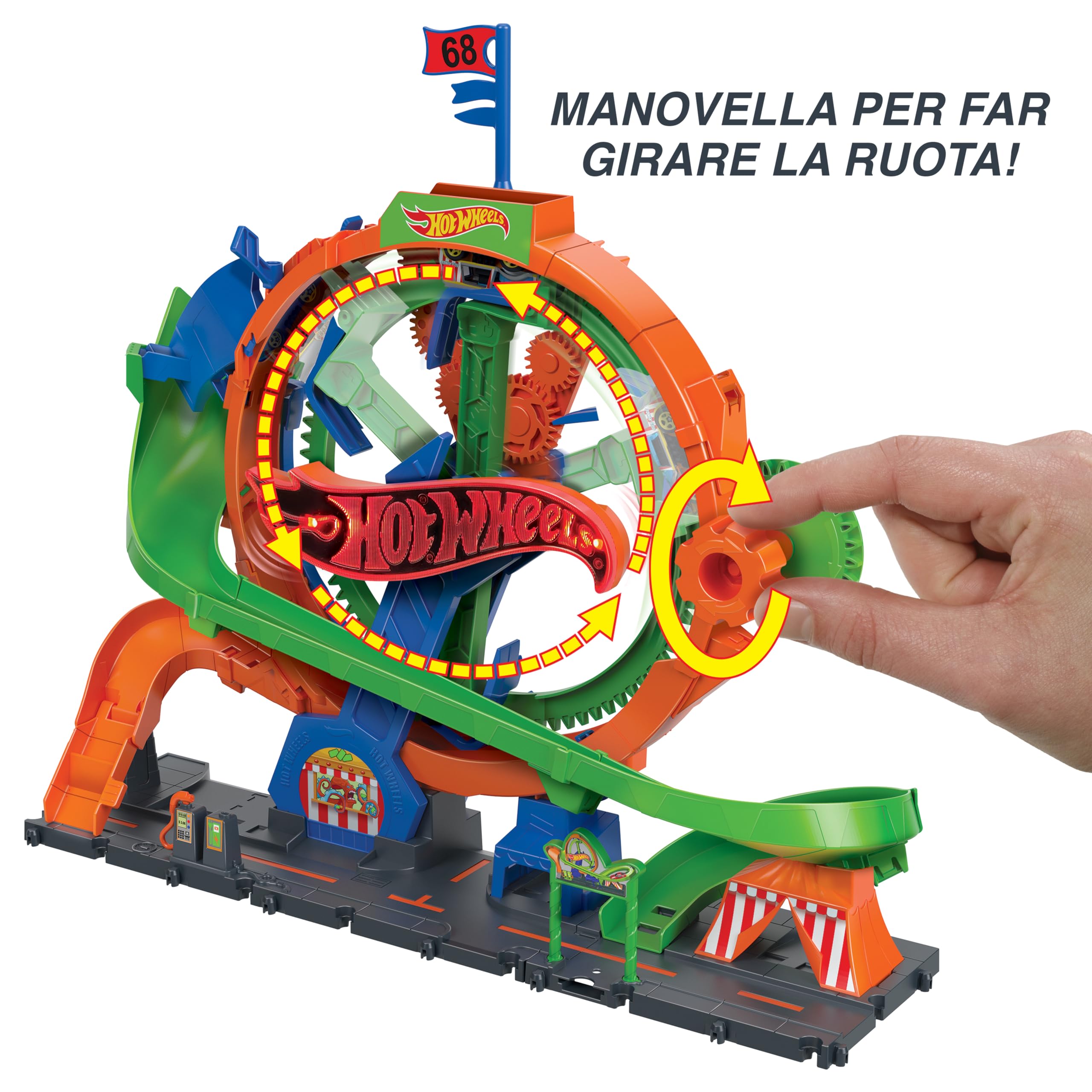 Hot Wheels City - Ruota Panoramica, playset con pista circolare attivabile con luci e suoni del luna park, 1 macchinina Hot Wheels inclusa, giocattolo per bambini, 3+ anni, HKX46