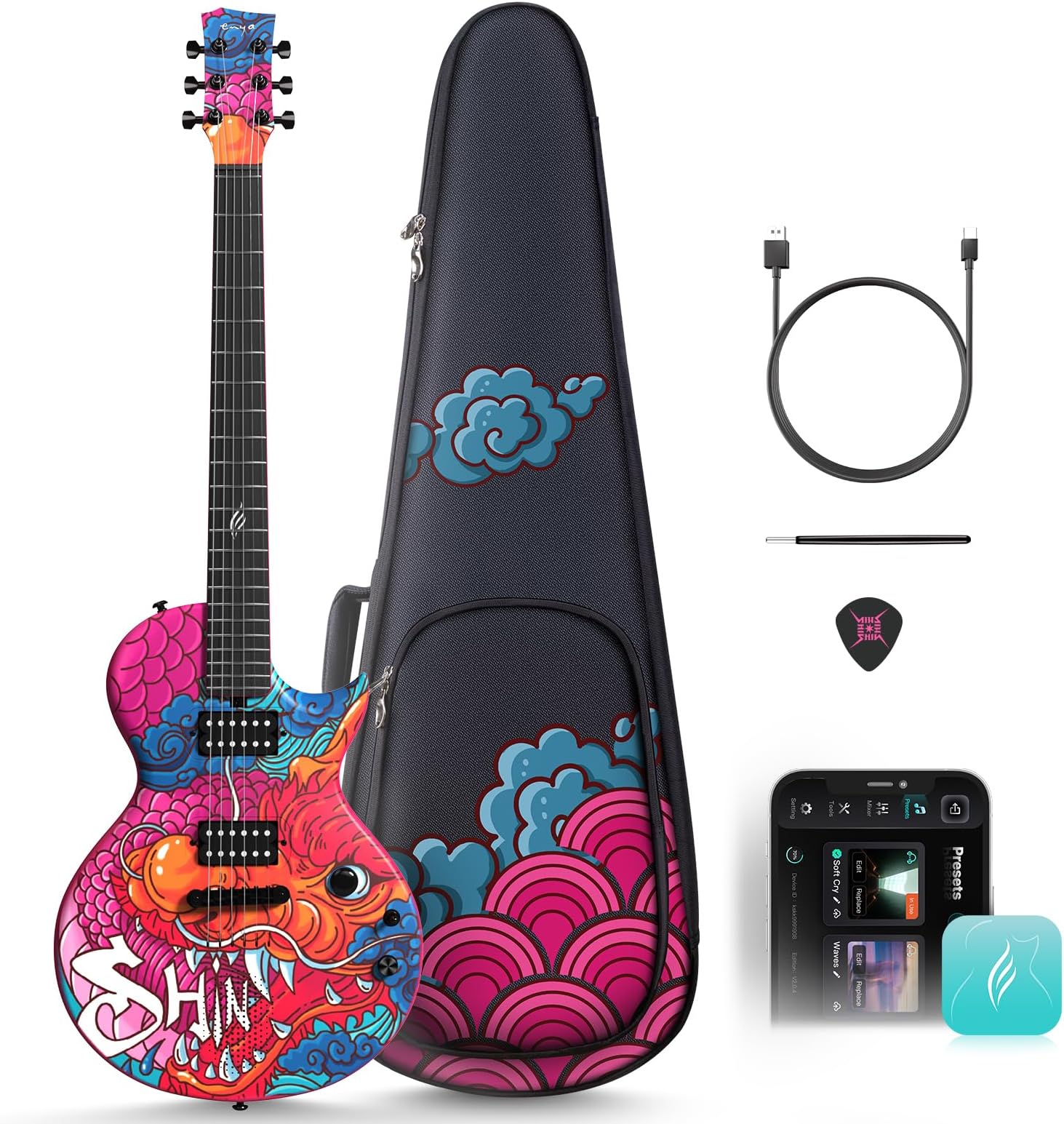 ENYA Nova GO Sonic & SHINICHI KOBAYASHI Smart Electric Guitar, Beginner Set, Carbon Fiber, 10W Speaker & Multi-Effector, Easy Operation with App, Shinichi Kobayashi