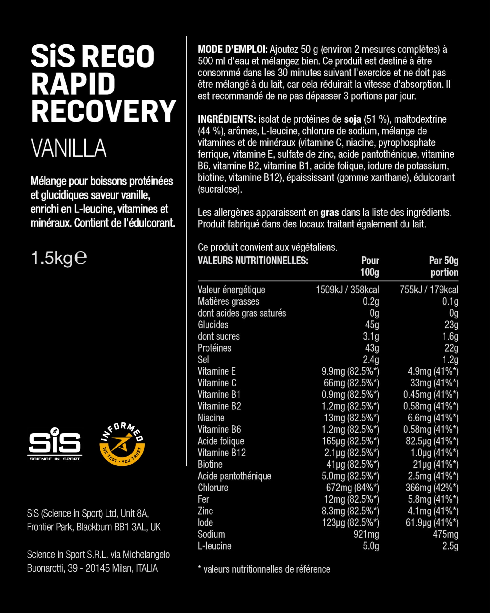 Science in Sport Rego Rapid Recovery Poudre 1,5kg Vanille Vegan - Poudre récupération avec glucides, protéines, électrolytes, vitamines et minéraux, soutient un entraînement efficace