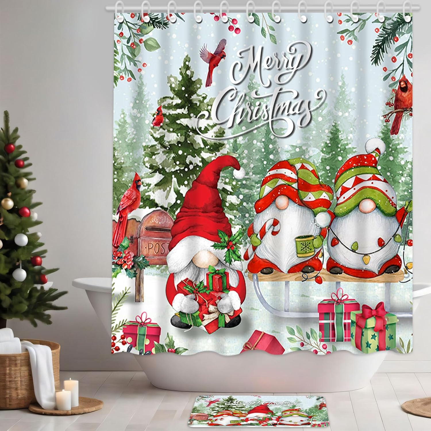 Capoda 4 Pcs Merry Christmas Bathroom Shower Curtain Set, Xmas Curtain with 12 Hooks, Non Slip Bathrooms Rugs, Toilet Lid Cover, U Toilet Mat for Christmas Bathroom Decoration(Gnome)
