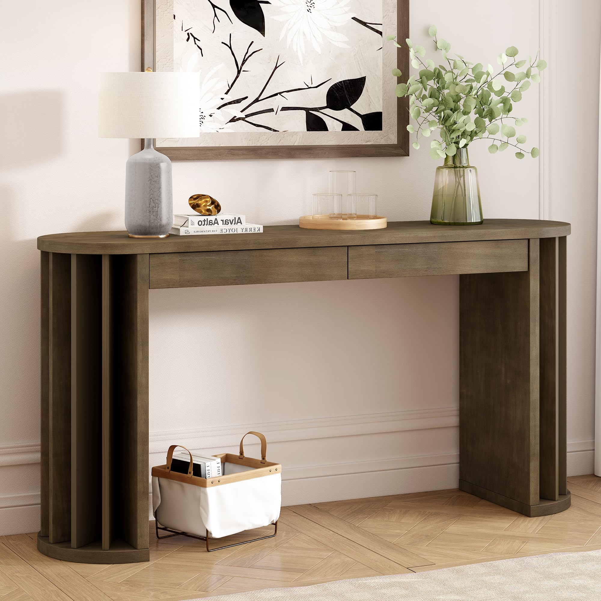 Merax Wood Farmhouse Entry Way Hallway Console Table with Sturdy Leg, 59" Modern Minimalist Long Narrow Sideboard with 2 Drawers for Living Room,