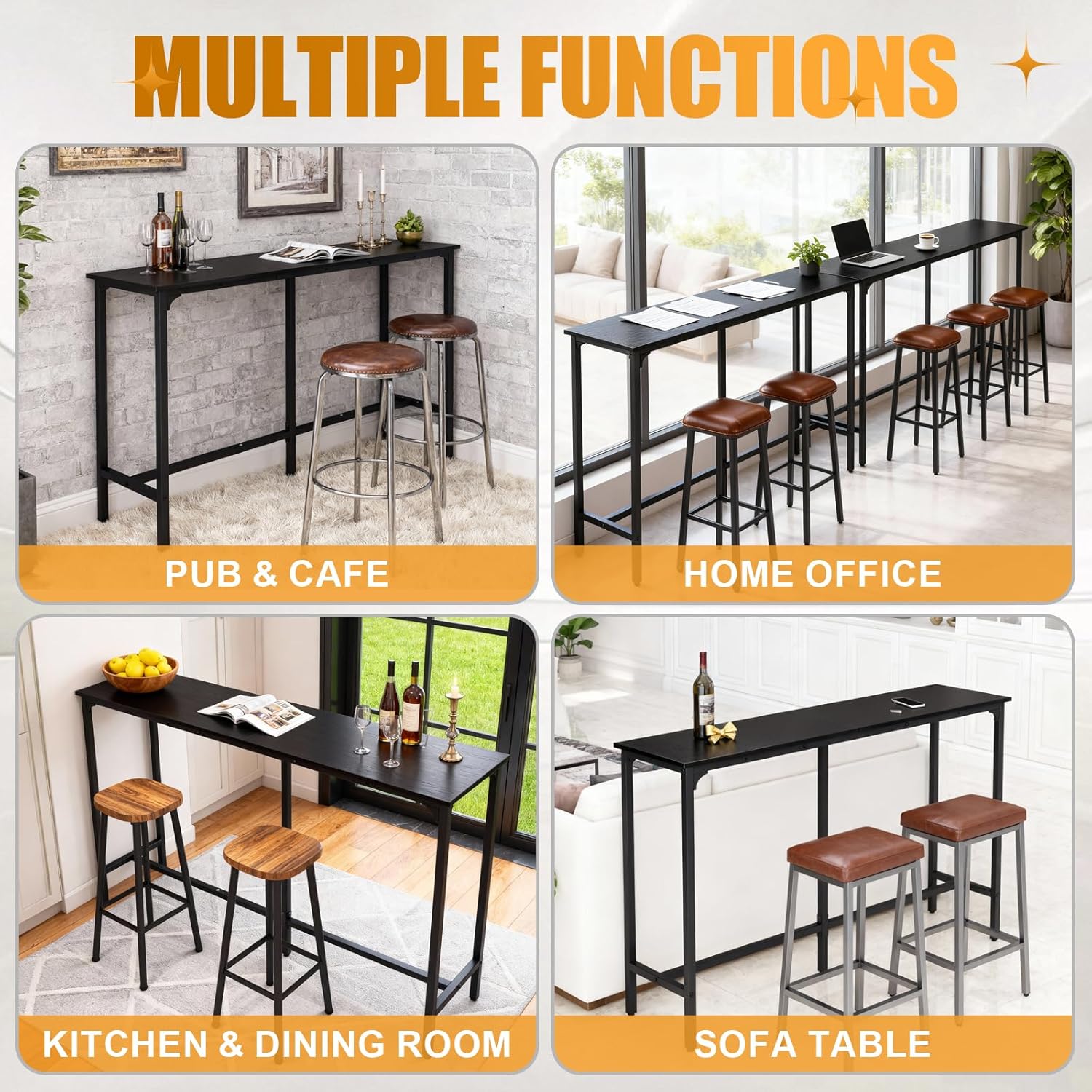 Karl home 71" Bar Table, Rectangular High Top Bar Counter Tables with Sturdy Metal Legs, Counter Height Bar Table for Small Space, Dining&Kitchen, Living Room, Easy Assembly, Black
