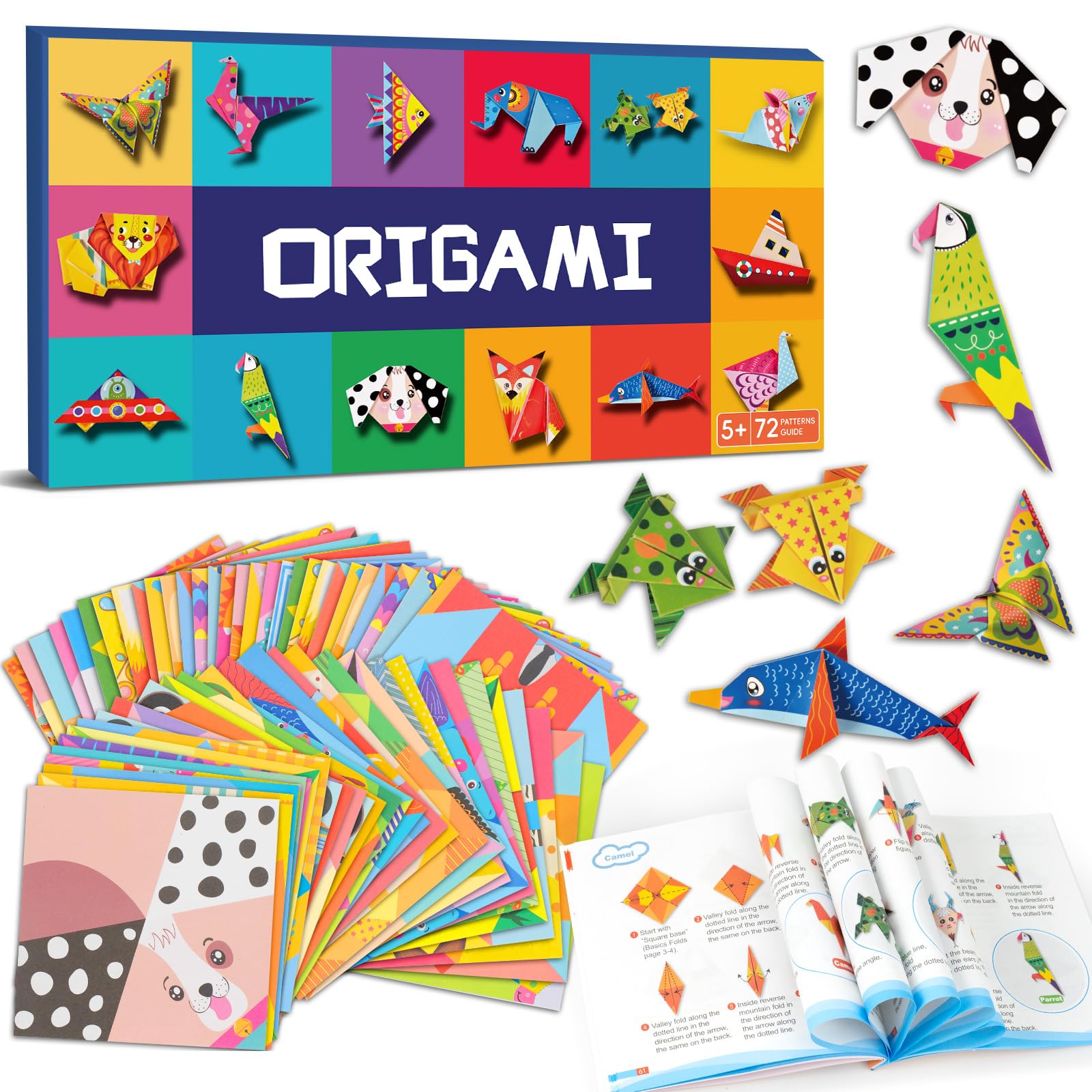 Kit de papel de origami DoodleDoo para niños de 5 a 12 años, 152 hojas, 72 patrones de doble cara con libro instructivo, proyectos de manualidades, juego de viaje, regalo para niños, niñas y principiantes.