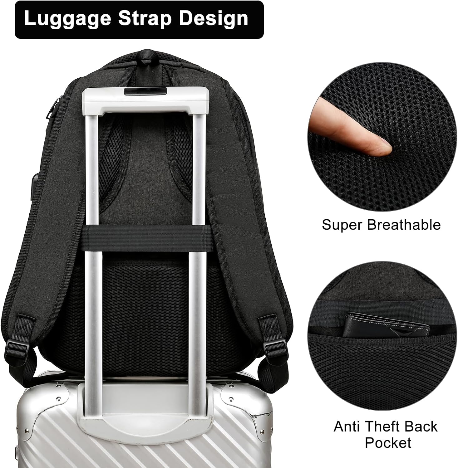 School Backpacks for Teen Boys Girls, Laptop Backpack with USB Charging Port, 15.6 Inch Water Resistant College Bookbag Daypack for Men Women, Black - Image 6