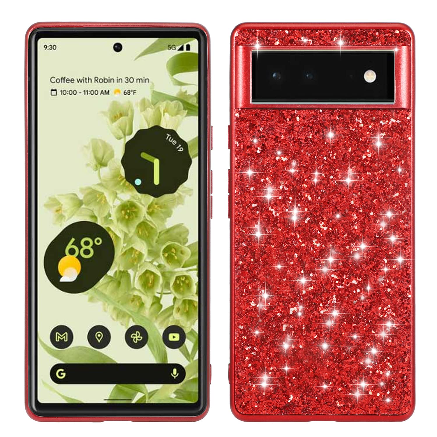 BLOTECH Bling Glitter Silicone Case Cover for Google Pixel 7, Google Pixel 7 Slim Fit Soft TPU Bumper Skin Cover Rubber Sparkle Gel Shockproof for Women Girls Shell Cases Protective Back Cover Red