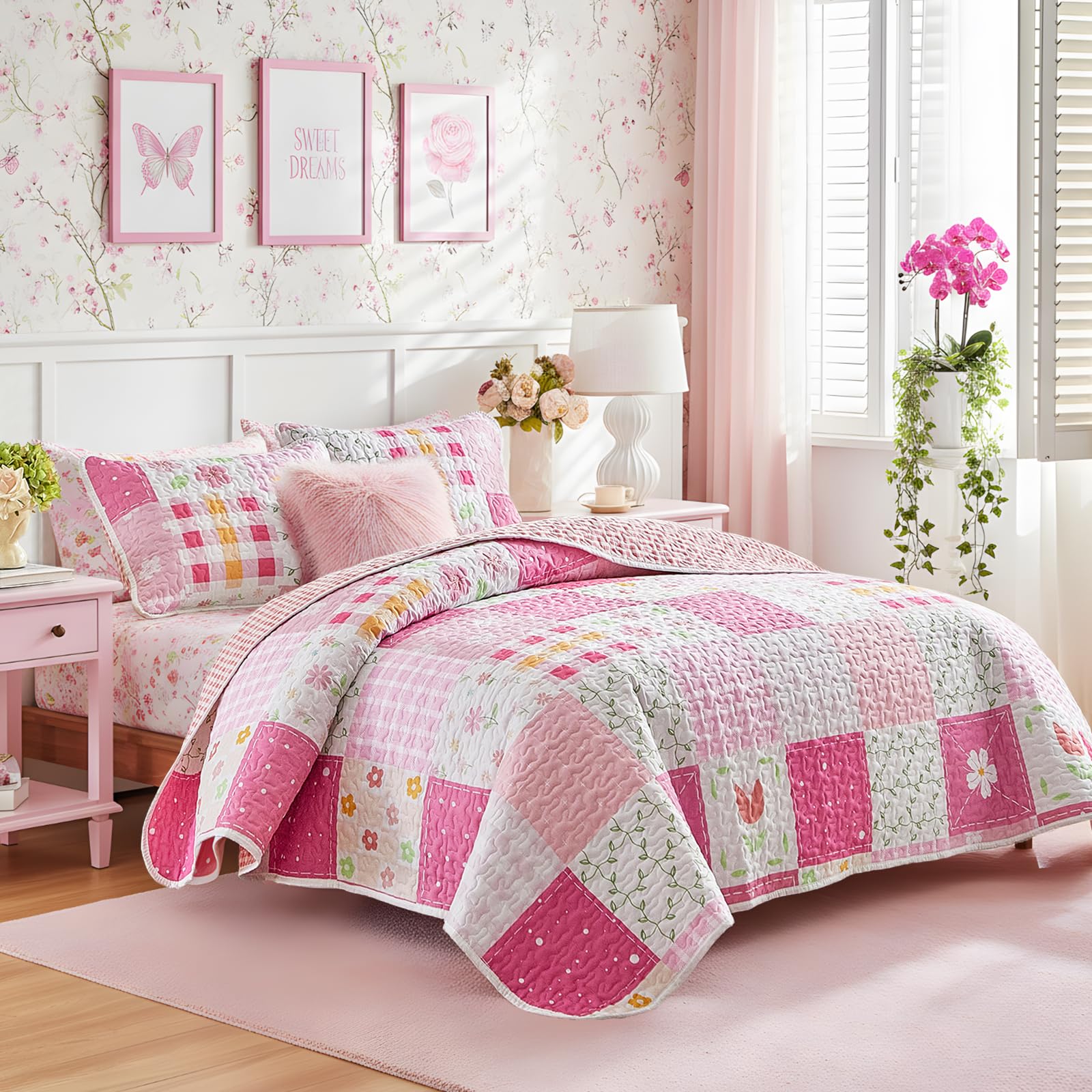 Patchwork Quilt Set King Size 3 Pieces White Pink Floral Plaid Reversible American Country Bedspread Coverlet Set for All SeasonSummer Soft Colorful Flowers Botanical Microfiber Bedding Set
