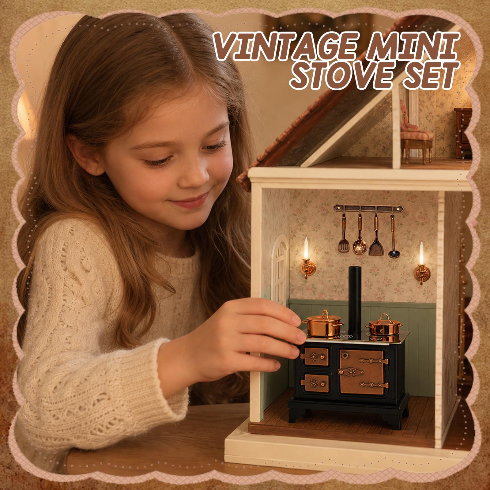 10 sztuk miniaturowych mebli kuchenka do gotowania mini retro metalowy piec z miniaturowym świecznikiem ściennym mini garnki, mini łyżka, łopatka, naczynia kuchenne, narzędzia do dekoracji kuchni w