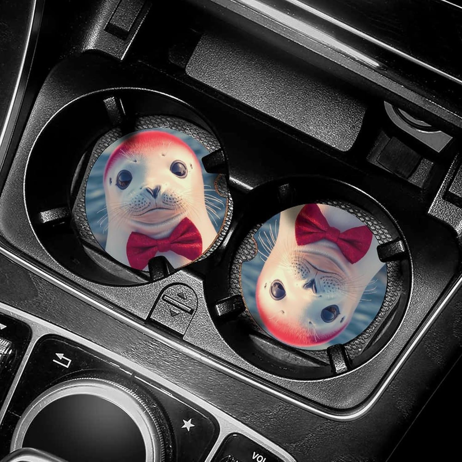 Cute White Seal with Bow Tie Cute Car Coasters 2.56 Inch Absorbent Cup Holder for Drinks Auto Interior Accessories