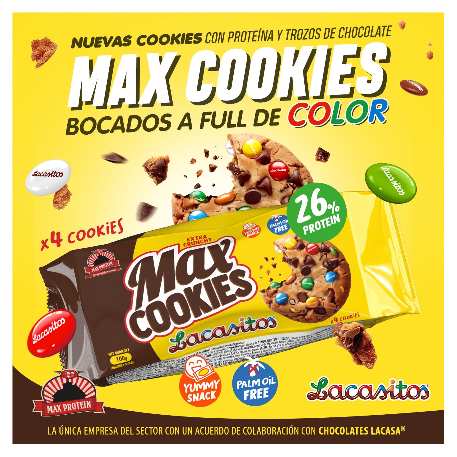 MAX PROTEIN - Max Cookies Lacasitos® - Galletas Proteina - Cookie Proteica con 26% de Proteína cada Galleta - Snack Saludable, Post Entrenamiento - Bajas en Azúcar, Sin Aceite de Palma. (Caja 12)
