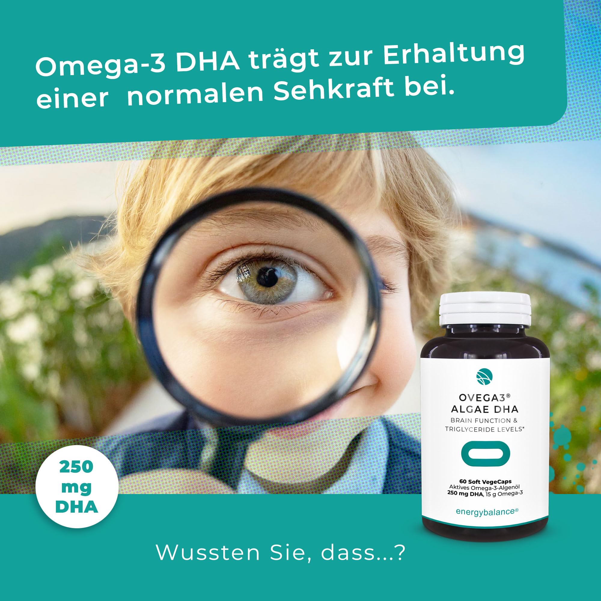 EnergyBalance Ovega3 Algae DHA – Veganes Omega 3 aus Algenöl – 60 VegeCaps mit 250 mg DHA – Pflanzliche Alternative zu Fischöl – Ohne Gelatine, Vegan, Glutenfrei