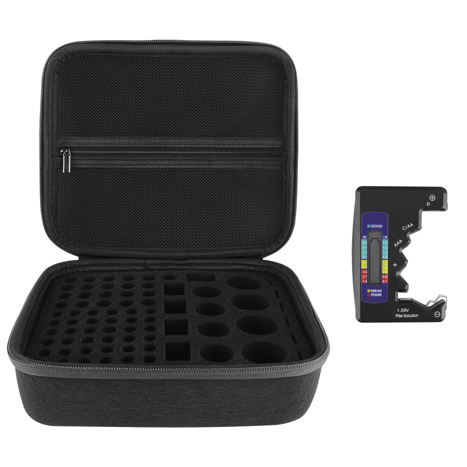 Linkidea Contenitore Rigido per Batteria, Scatola Organizer con Tester BT-168, Custodia per 76 Batterie AA AAA 9V C D