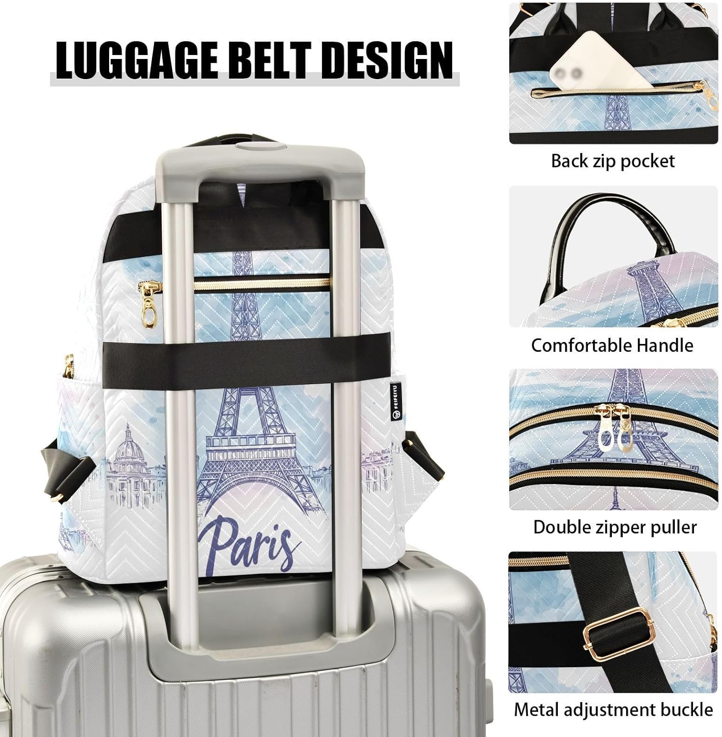 Vintage Eiffel Tower in Paris Quilted Backpack Purse for Women, Waterproof Small Travel Casual Daily Daypack 14L