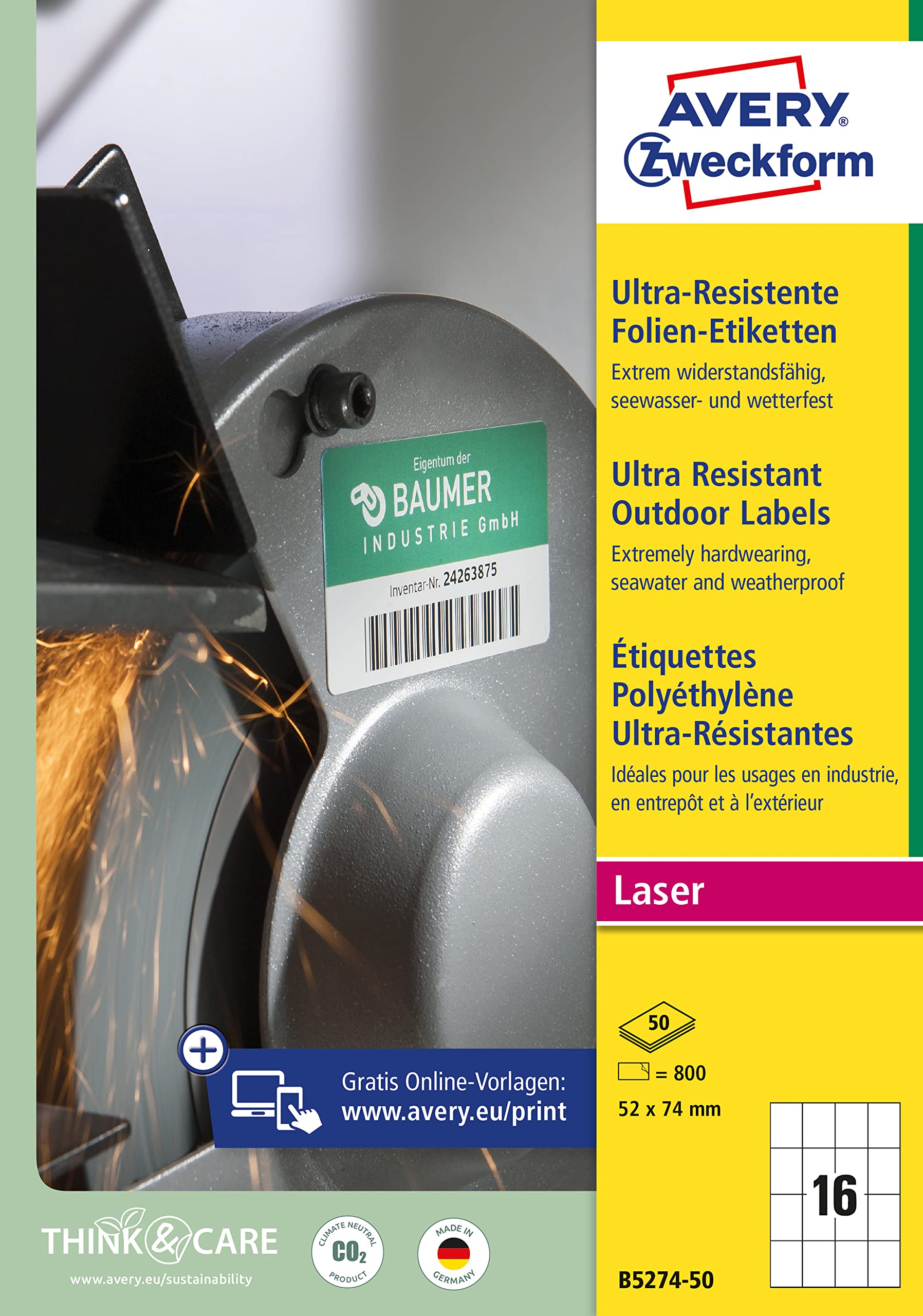 AVERY Zweckform B5274-50 - Etichette resistenti (800 adesivi, 52 x 74 mm su A4, estremamente resistenti, autoadesive, per superfici difficili, pellicola adesiva stampabile), 50 fogli, colore: bianco