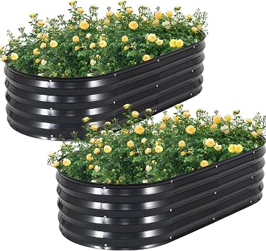 Galvanized Raised Garden Bed Outdoor, 2Pcs 4x2x1ft Oval Planter Box with Rubber Strip,Metal Raised Bed Kit for Vegetables Flowers Herbs, Grey