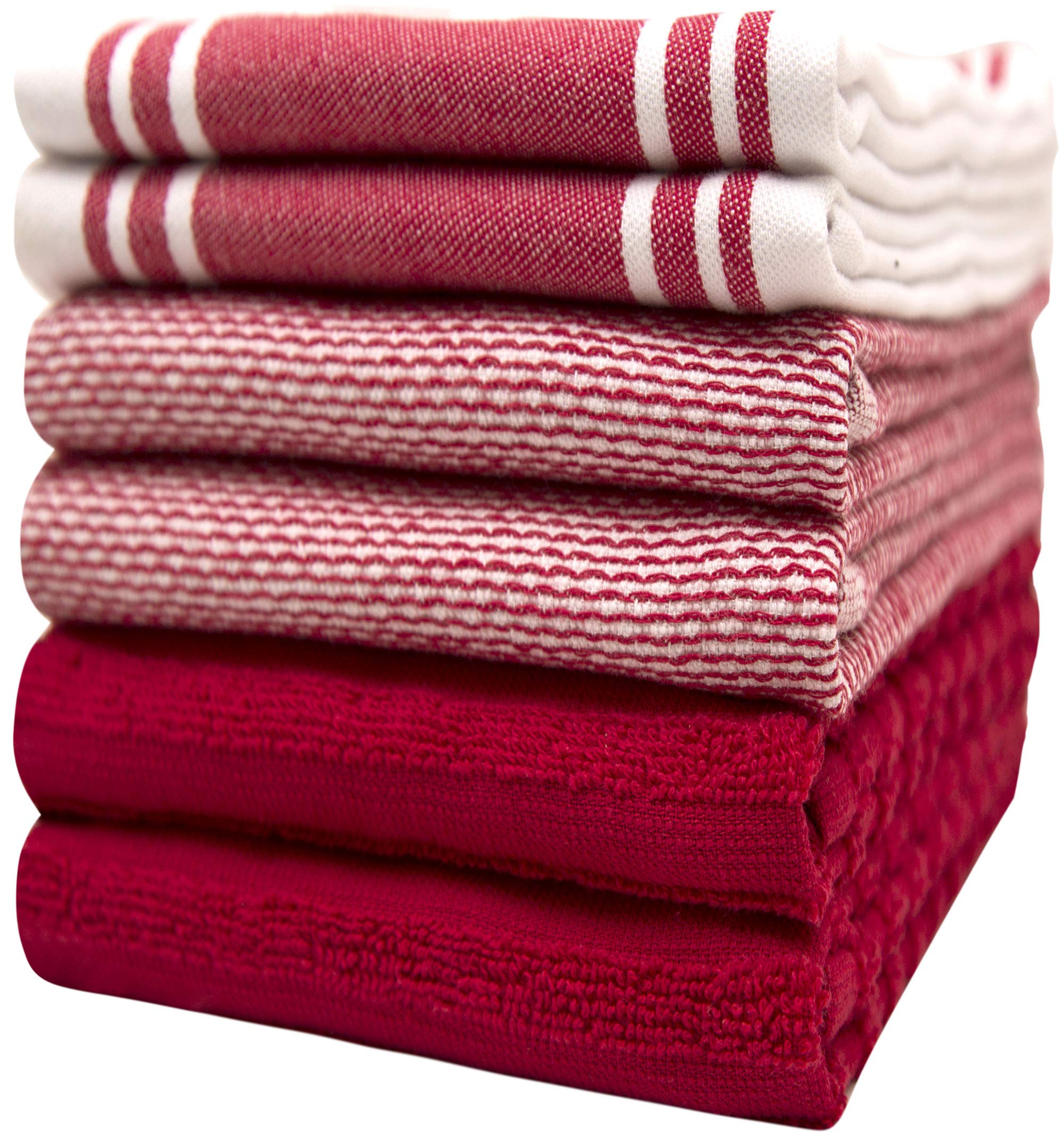 Premium Kitchen Towels 6 Pack | Large Cotton Kitchen Hand Towels | Soft & Absorbent Tea Towels with Hanging Loop | Vintage Striped Flat Terry Towel - Red (50 x 70cm)