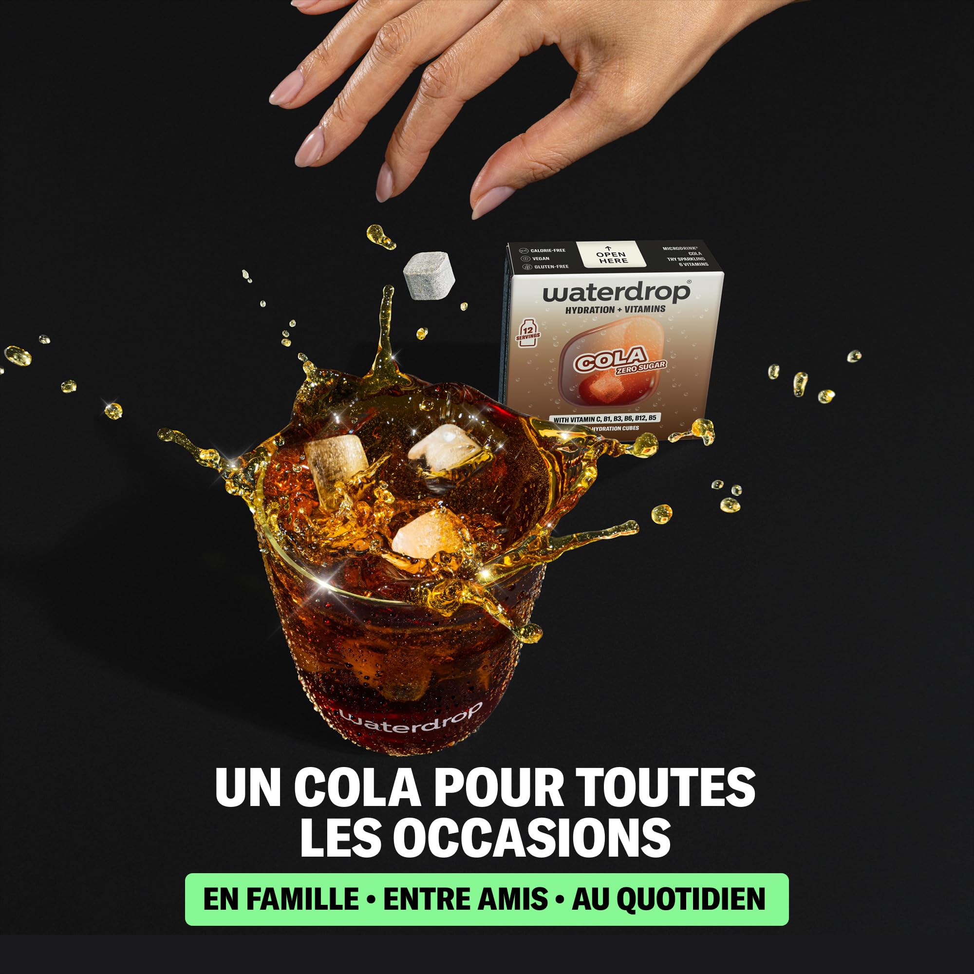 waterdrop® Cola Nouvelle Recette – 36 Pastilles Aromatisées pour l'Eau Sans Sucre, Cubes de Boisson pour Eau Aromatisée, Alternative aux Boissons Gazeuses avec Vitamines C et B, Zero Calorie