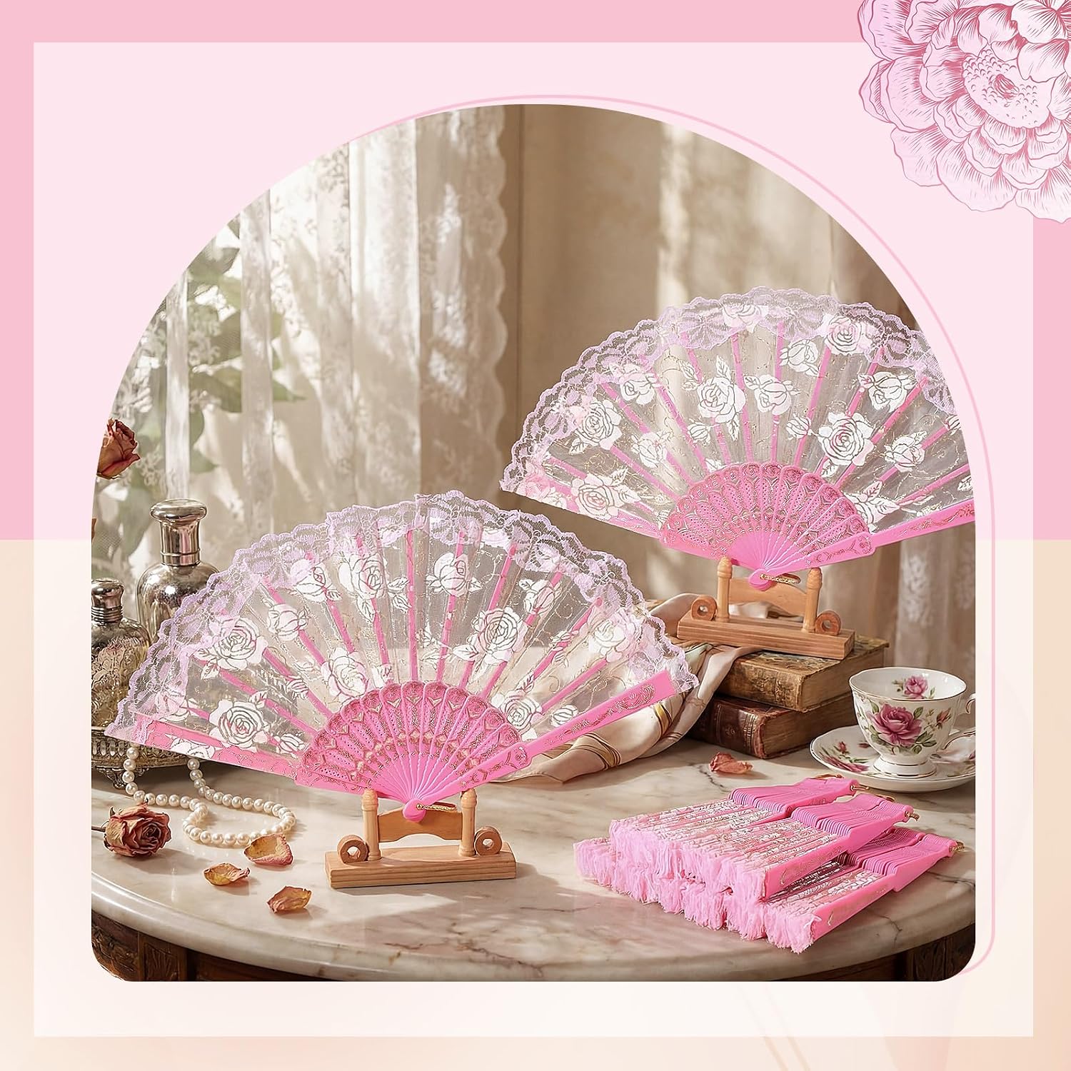 Beeveer 24 Pack Lace Folding Hand Fans for Wedding, Pink, Classic Style