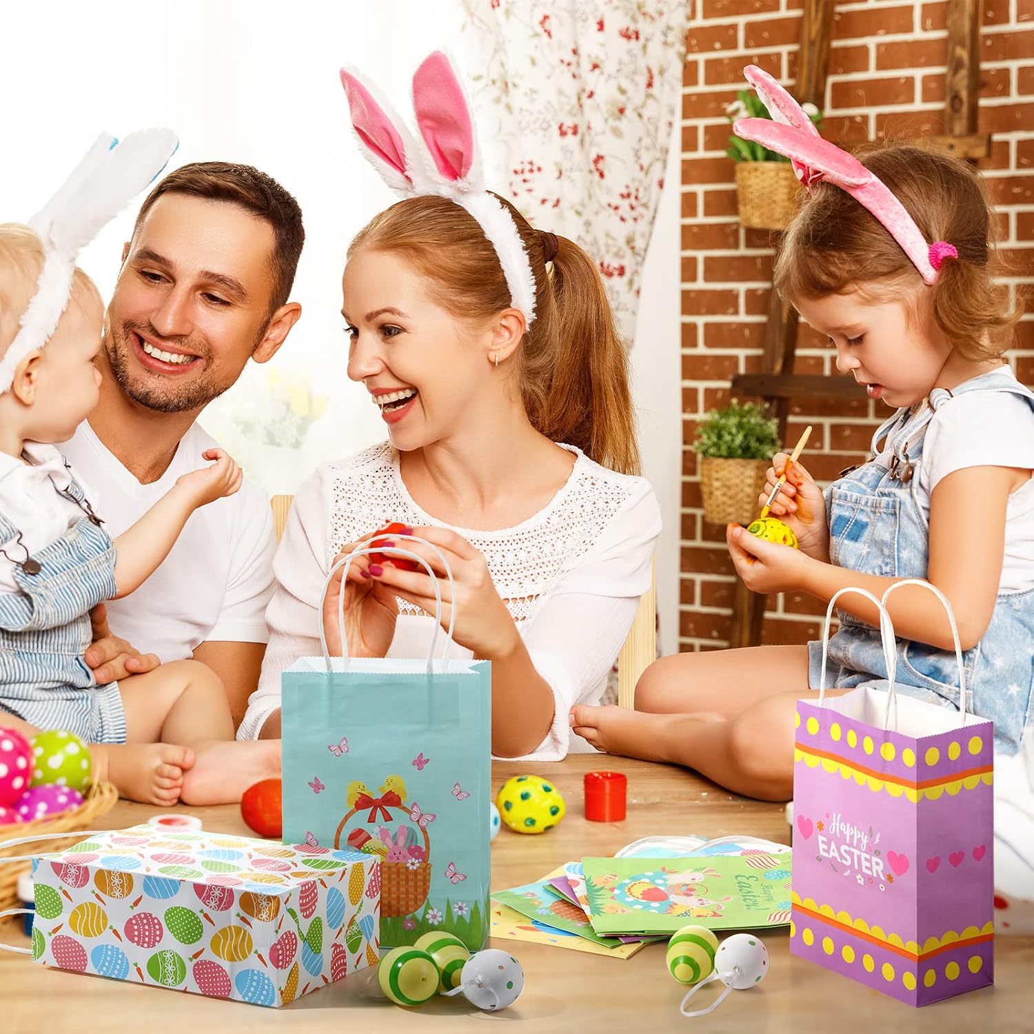 Spakon 12 Pcs Easter Gift Paper Bags Easter Party Favor Bags with Handles for Goodies Treats Candy Snack Kids Holiday Party Supplies Gift Wrapping