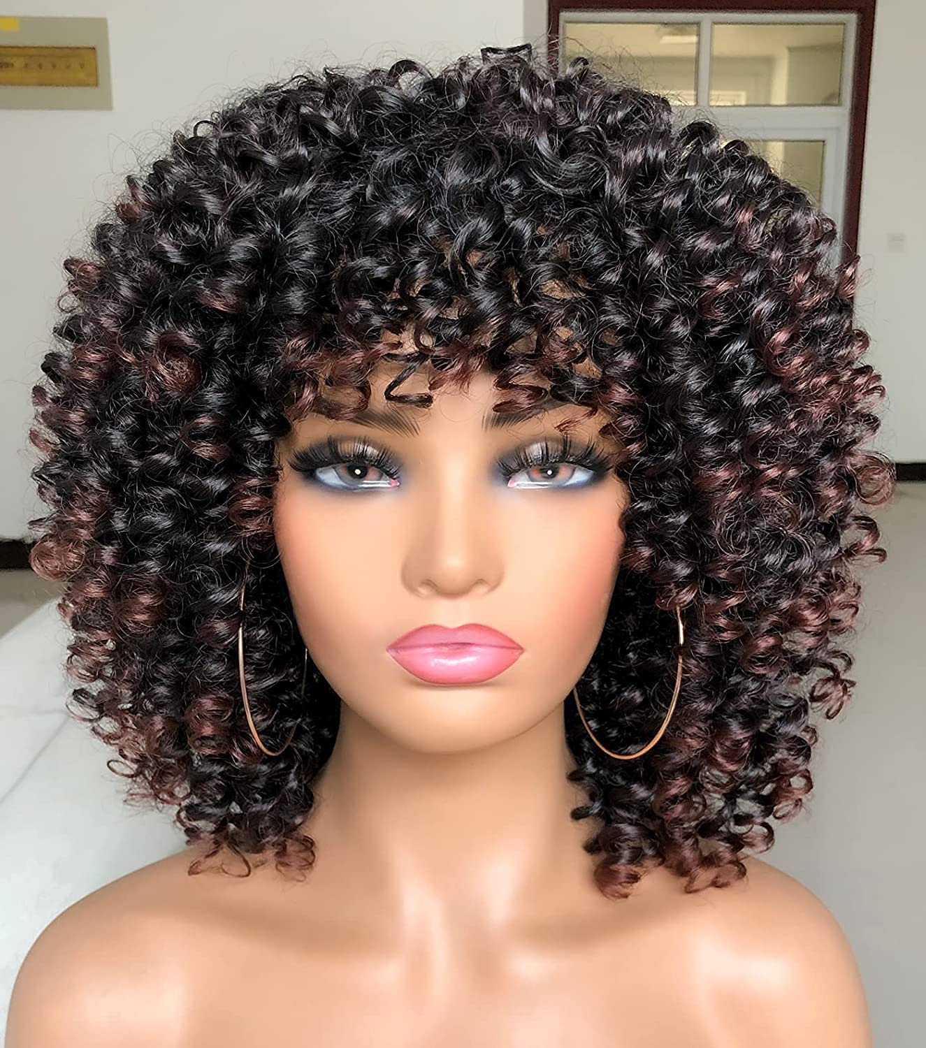 RunM hair Short Curly Wigs for Black Women with Bangs Curly Afro Wig Big Bouncy Fluffy Kinky Synthetic Wig for Daily Party Cosplay(Black Omber Brown)