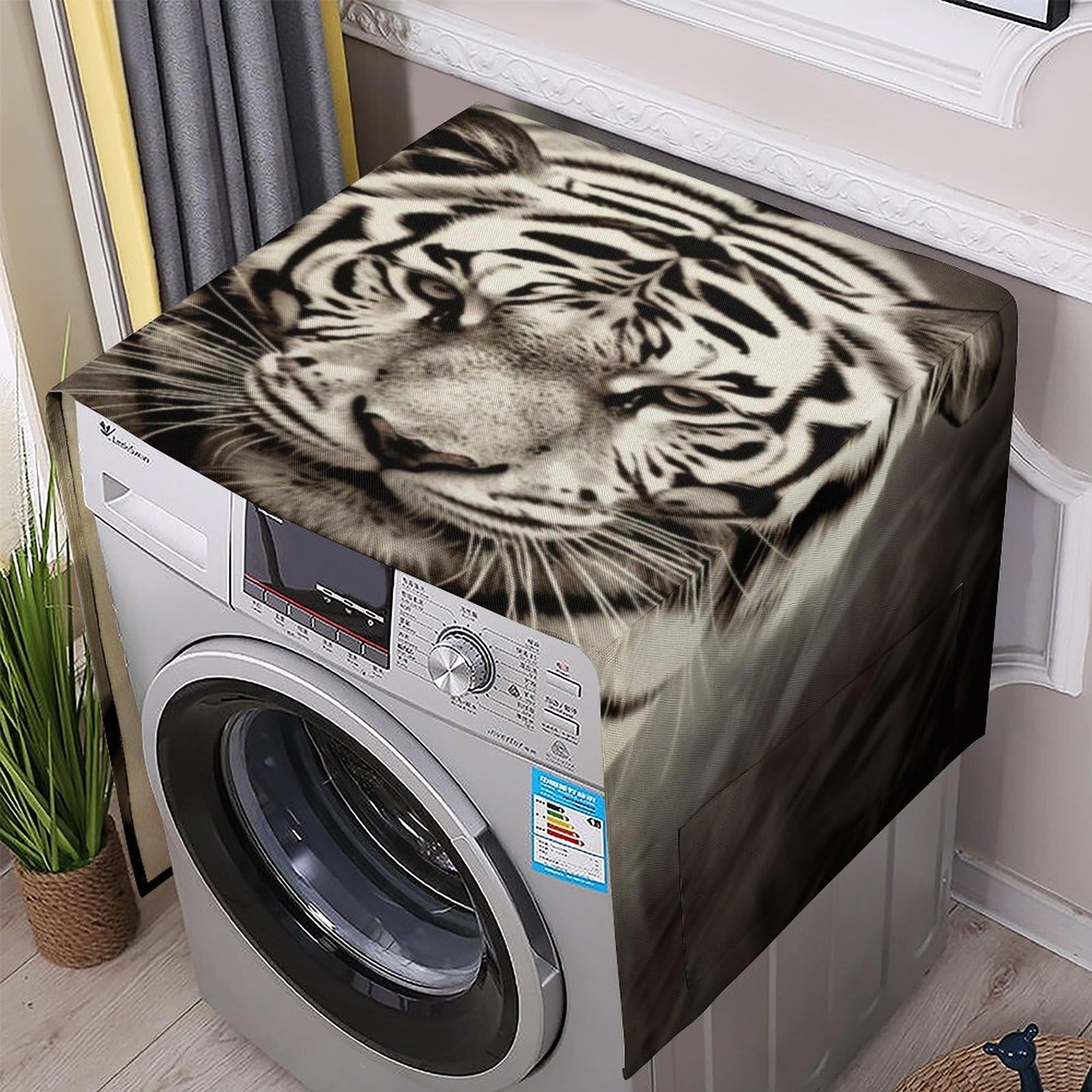 Fodpand White Washing Machine Cover For Top Load Dustproof Tiger Washer And Dryer Cover With Storage Pockets Household Appliance Covers Washable Top Protector Mat Pad For Laundry & Kitchen