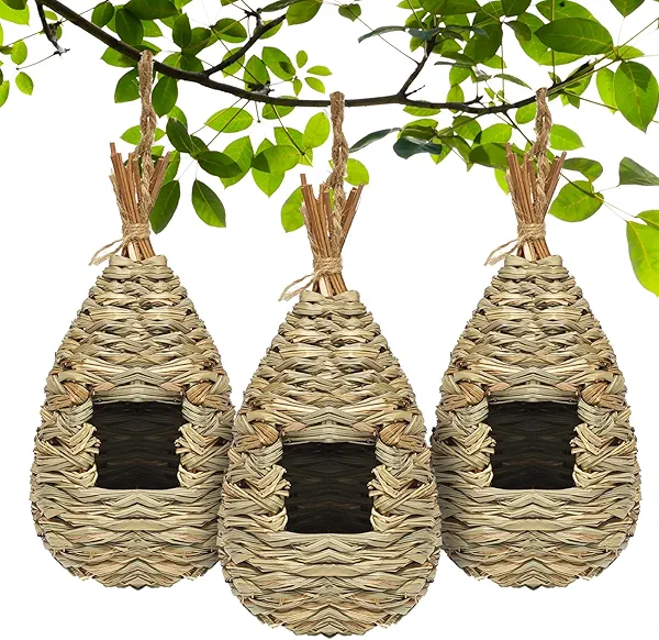 Gute Hummingbird Houses for Outside Hanging, Natural Grass Hanging Bird Hut, Hand Woven Hummingbird Nest, Large Wren Finch Bird House for Garden Window Outdoor Home Decoration, 3 Pack