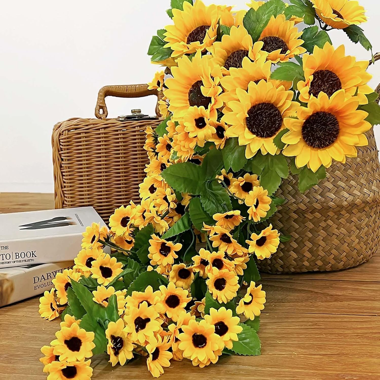Daily Treasures 2PCS Artificial Hanging Flower,176 Realistic Silk Sunflowers Heads in Mixed Size,Wall Hanging Faux Sunflowers,Artificial Sunflower Decoration for Outdoor Home Summer Garden Yellow