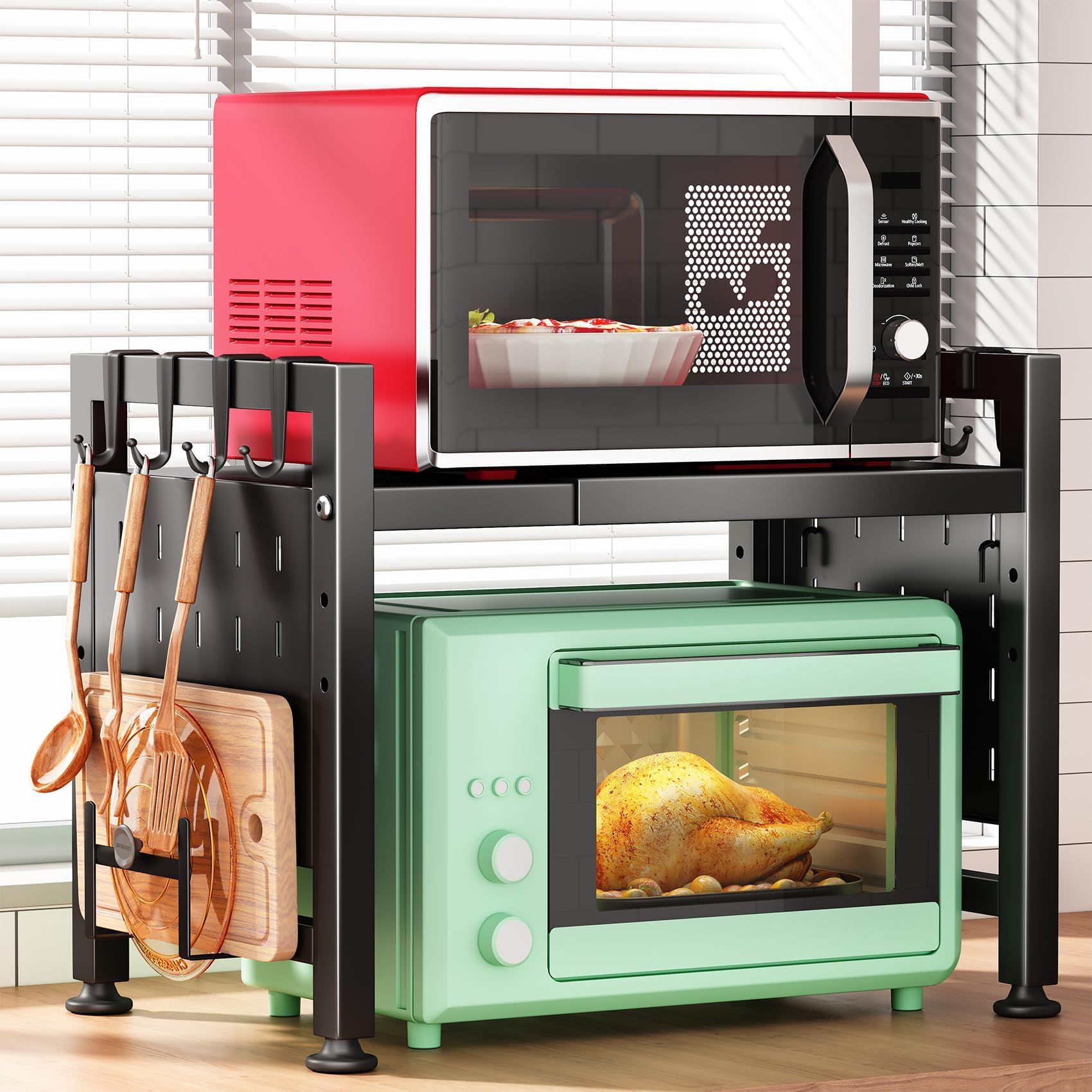 ANTOLE Extendable Microwave Oven Rack,2-Tier Foldable Kitchen Countertop Organizer Shelf,Carbon Steel Over Microwave Shelf for Kitchen Countertop,with 6 Hooks and Cutting Board Holder