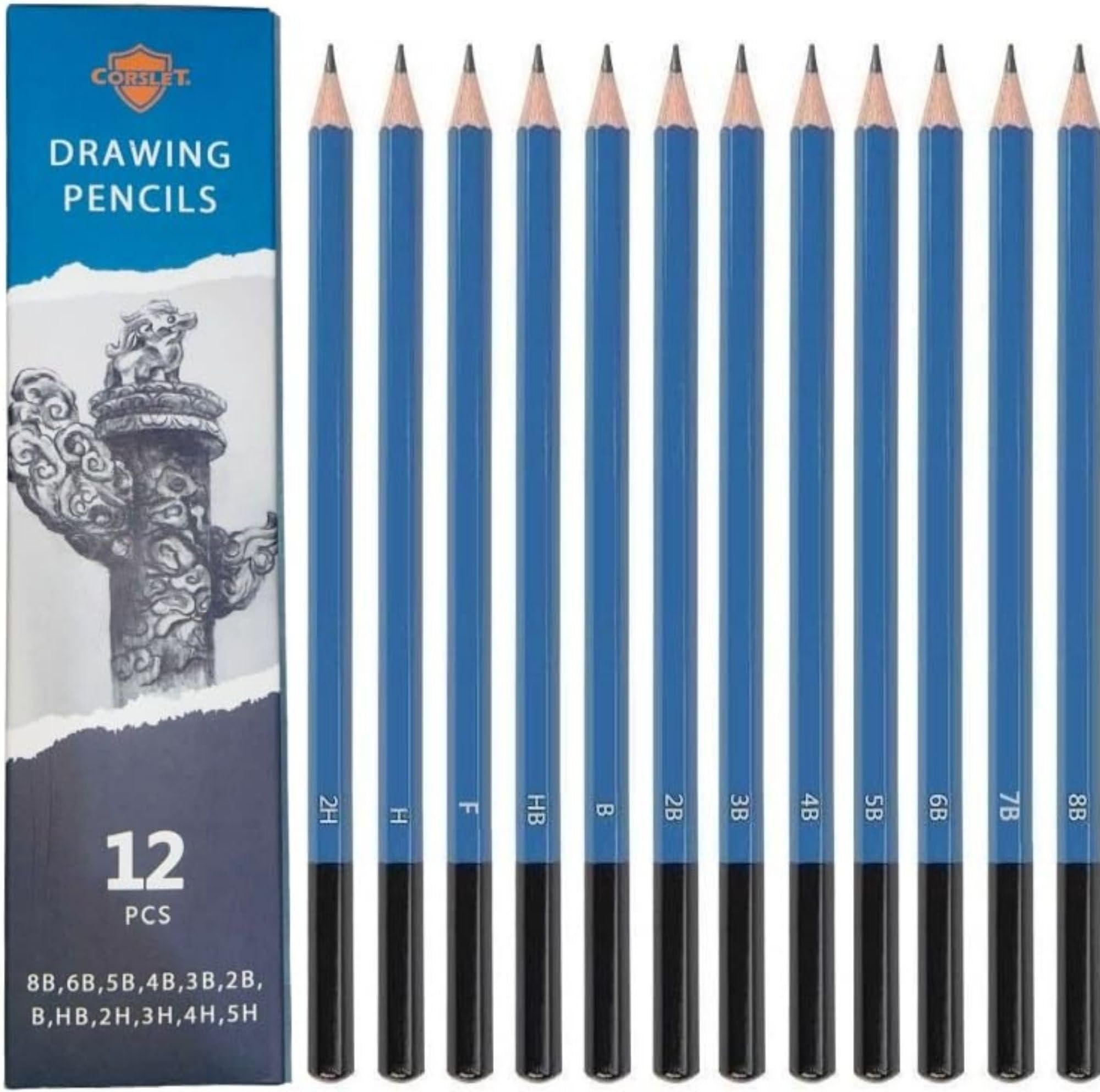 Corslet 12 Pcs Pencils for Drawing, Graphite Sketching Pencils Kit, 8B 6B 5B 4B 3B 2B B HB 2H 3H 4H 5H, Artist Pencils for Beginners & Pro Artists, Professional Sketch Pencils Set