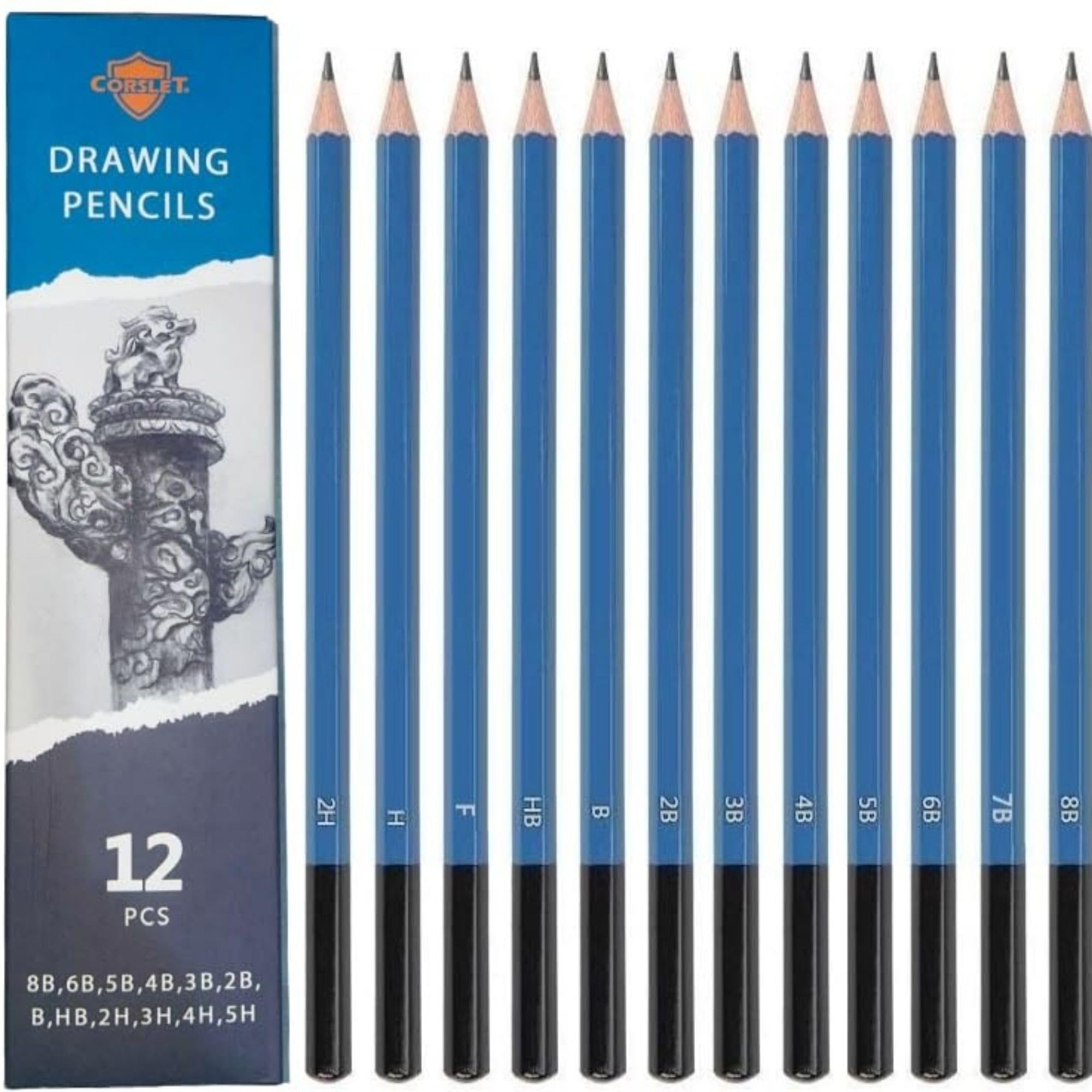 Corslet 12 Pcs Pencils for Drawing, Graphite Sketching Pencils Kit, 8B 6B 5B 4B 3B 2B B HB 2H 3H 4H 5H, Artist Pencils for Beginners & Pro Artists, Professional Sketch Pencils Set