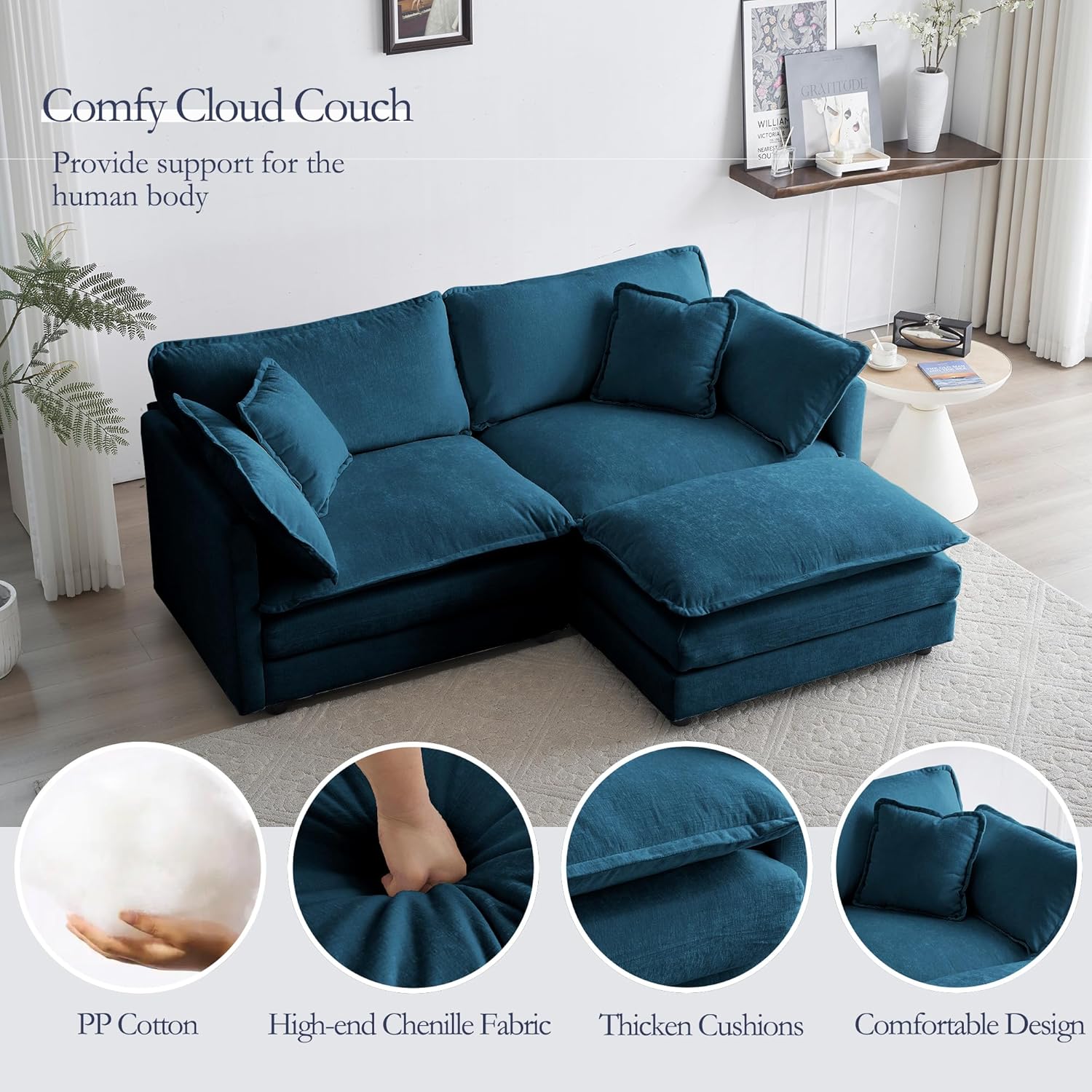 Comfy Cloud Couch features including fabric and cushions