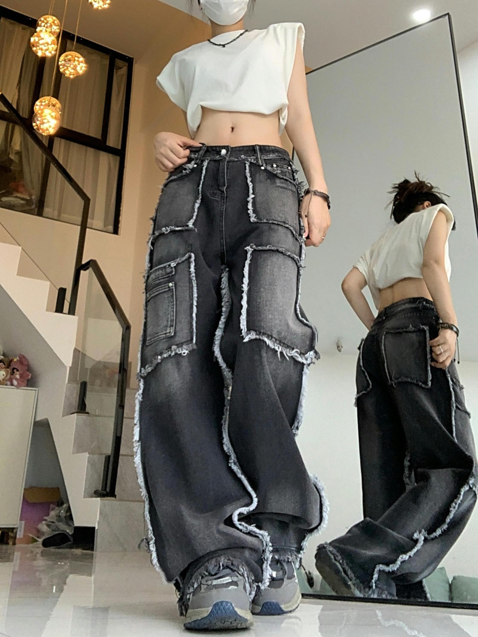 Pantaloni Cargo retrò per Donna Autunno Nuovi Pantaloni Jeans Casual a Vita Alta per Donna Moda Coreana Pantaloni Neri Jeans Donna-Nero Grigio-M