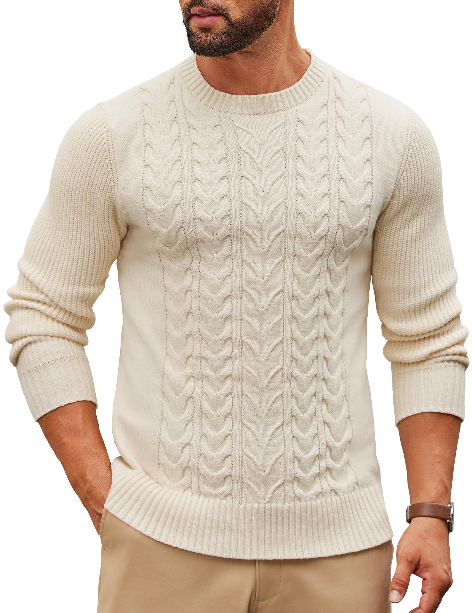 coofandy Mens Cable Knit Sweater Casual Long Leeve Crewneck Pullover Sweaters Twist Textured Fisherman Sweater-picture-33