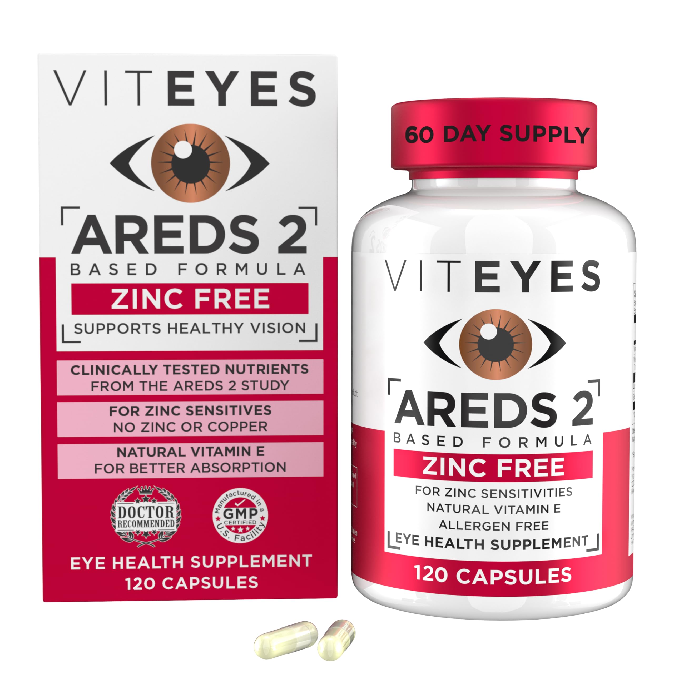Viteyes AREDS 2 Zinc Free Macular Support, Natural Allergen Free Capsules with Vitamin E, Vitamin C, Lutein & Zeaxanthin, No Zinc, No Copper, Eye